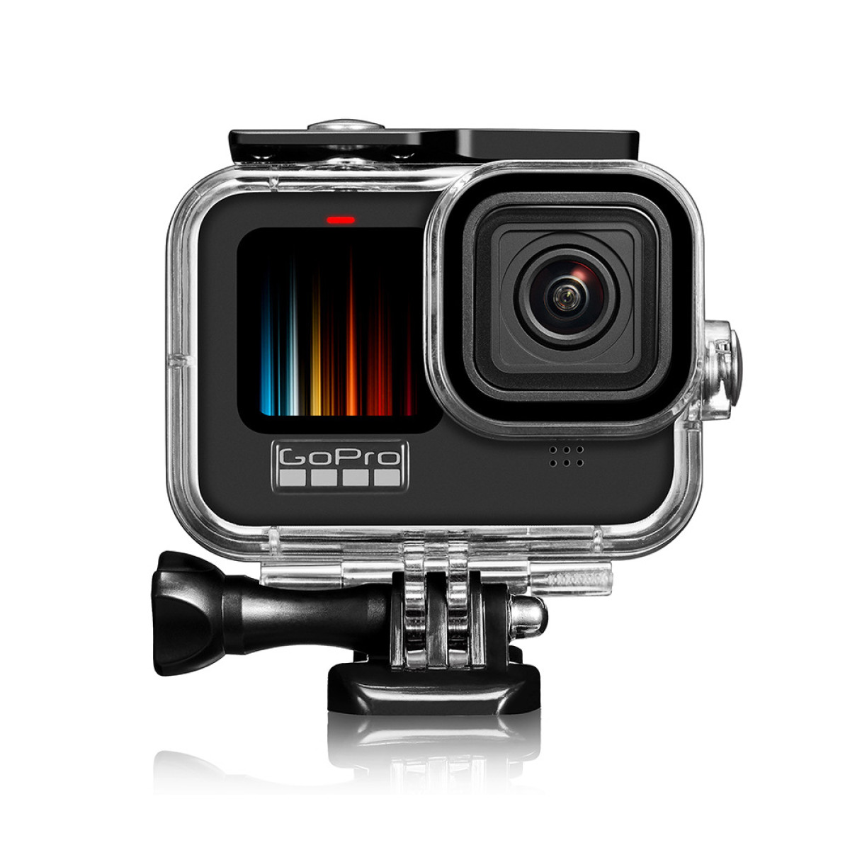 GoPro camera in a clear protective case. It is on a white background.
