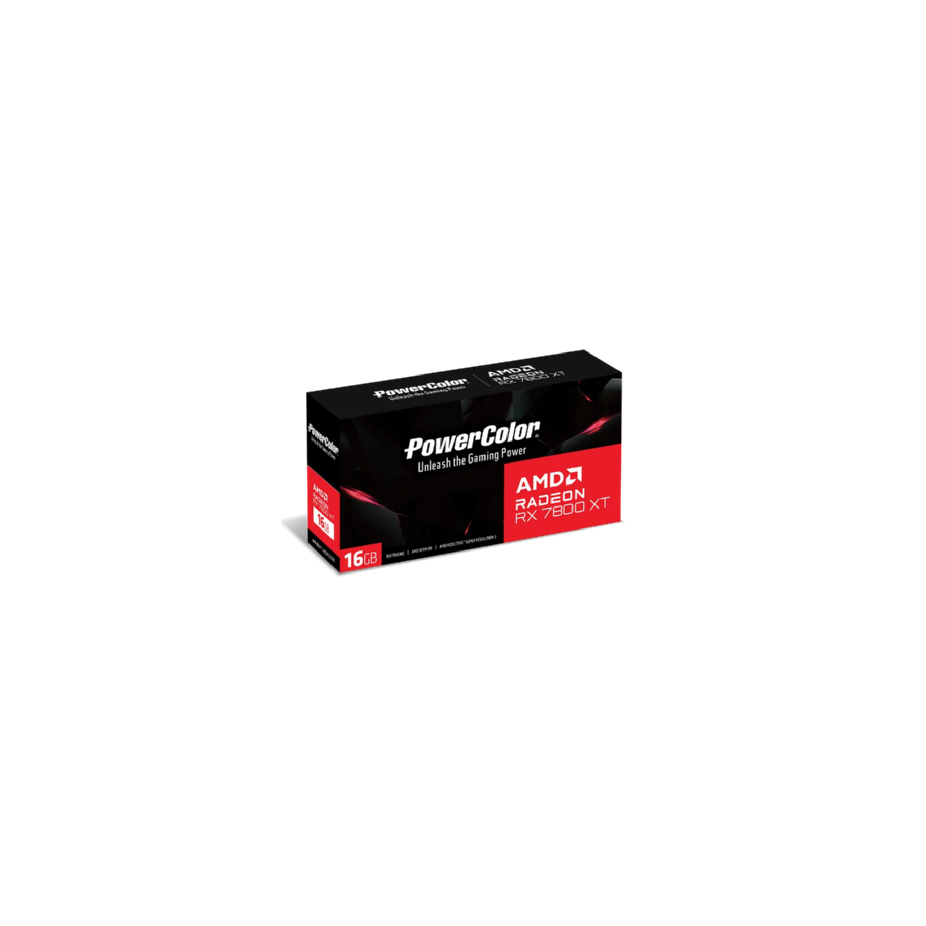 Czarno-czerwone pudełko PowerColor z logo AMD Radeon RX 7800 XT i tekstem 16 GB.