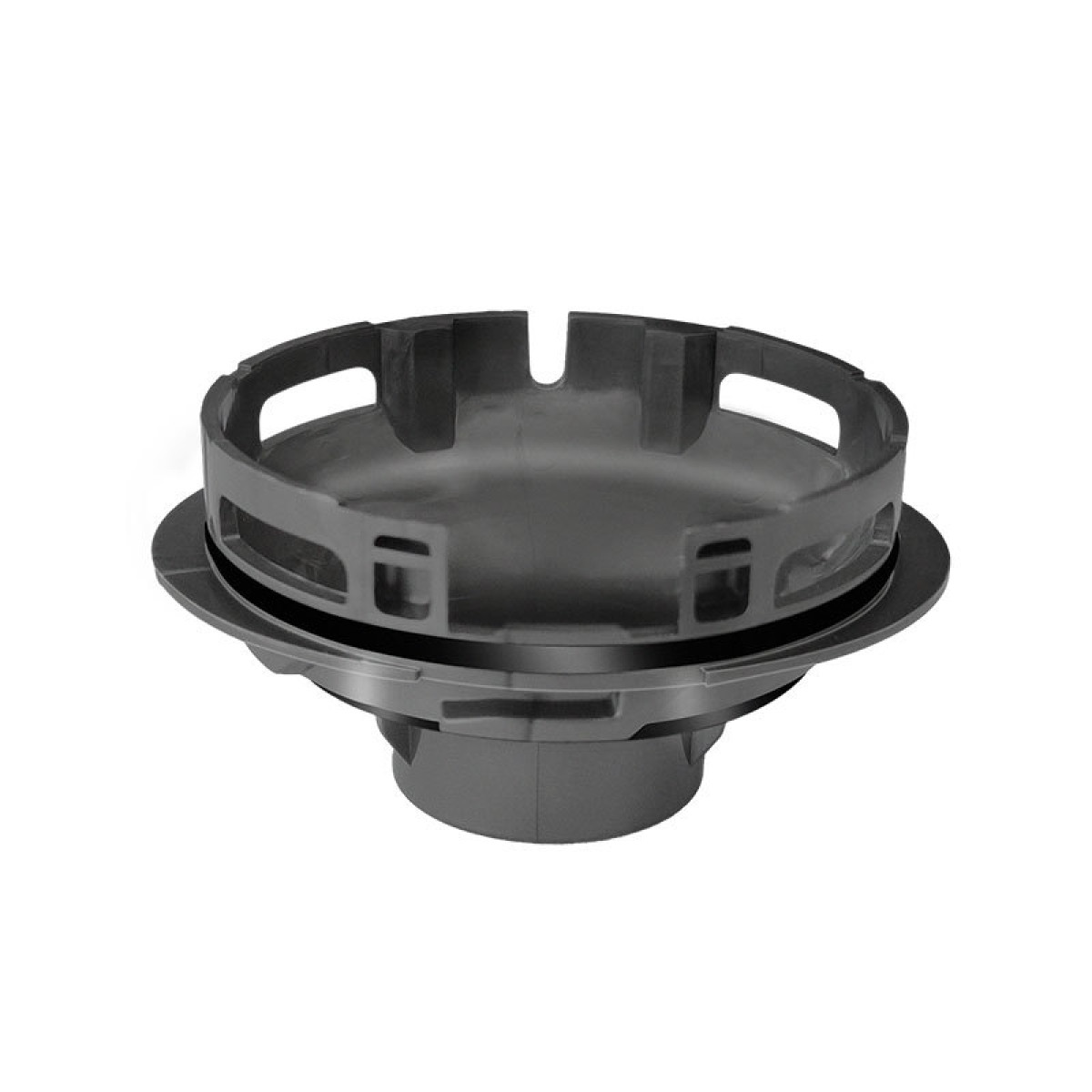 Czarny element z tworzywa sztucznego z pierścieniowym wierzchem i centralnym otworem, na białym tle.