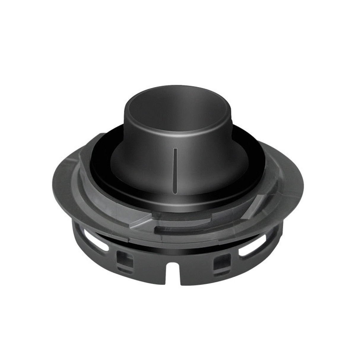 Czarne urządzenie o okrągłym kształcie. Ma centralne pokrętło i otaczający pierścień.