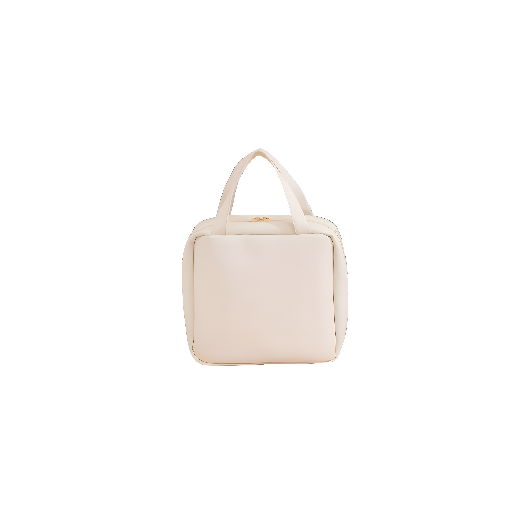 Eine cremefarbene quadratische Tasche mit Griff. Sie ist schlicht und hat einen Reißverschluss.