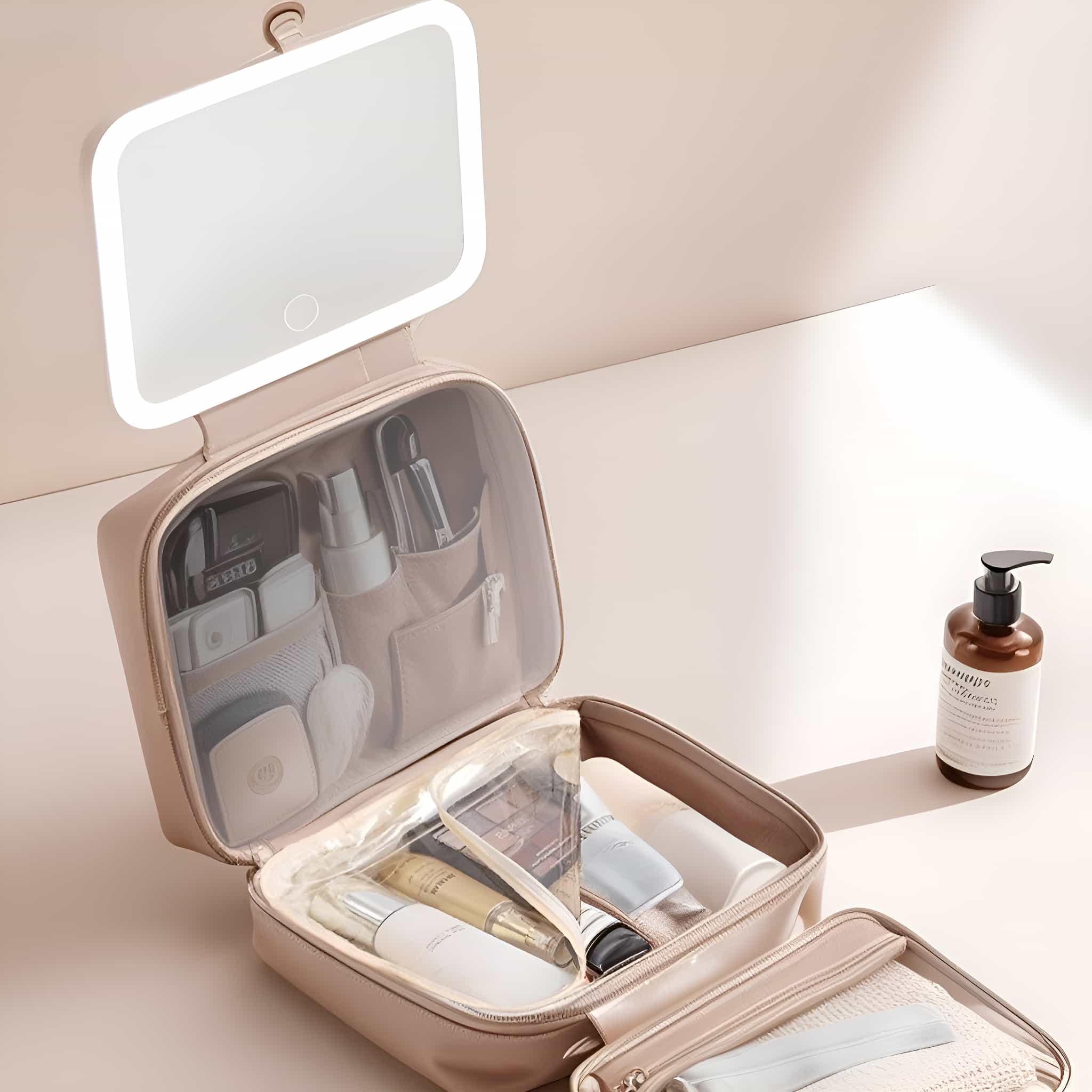 Geöffnete Make-up-Tasche mit Spiegel und verschiedenen Schönheitsprodukten.