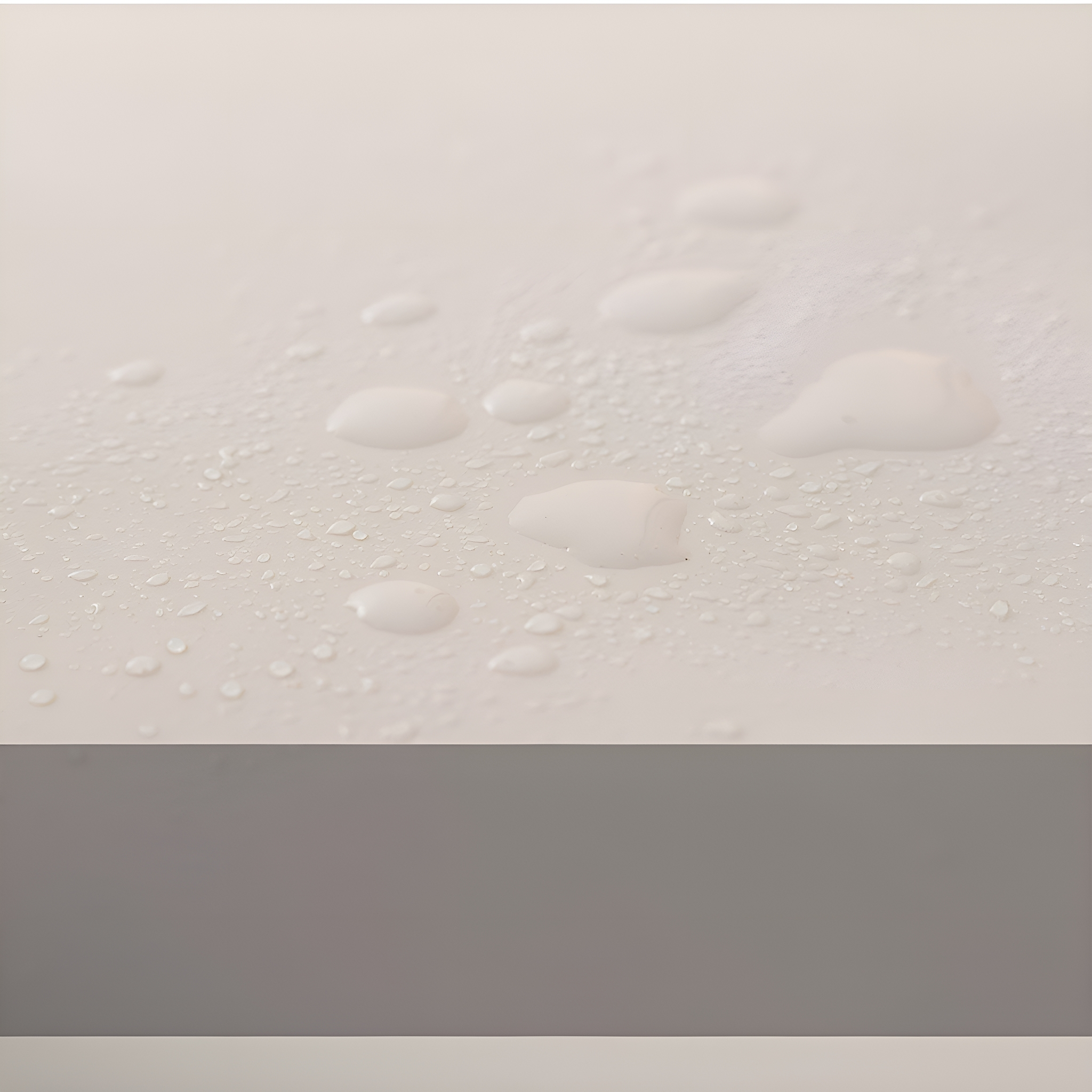 Nahaufnahme einer weißen Oberfläche mit Wassertropfen. Graue Oberfläche im Hintergrund.