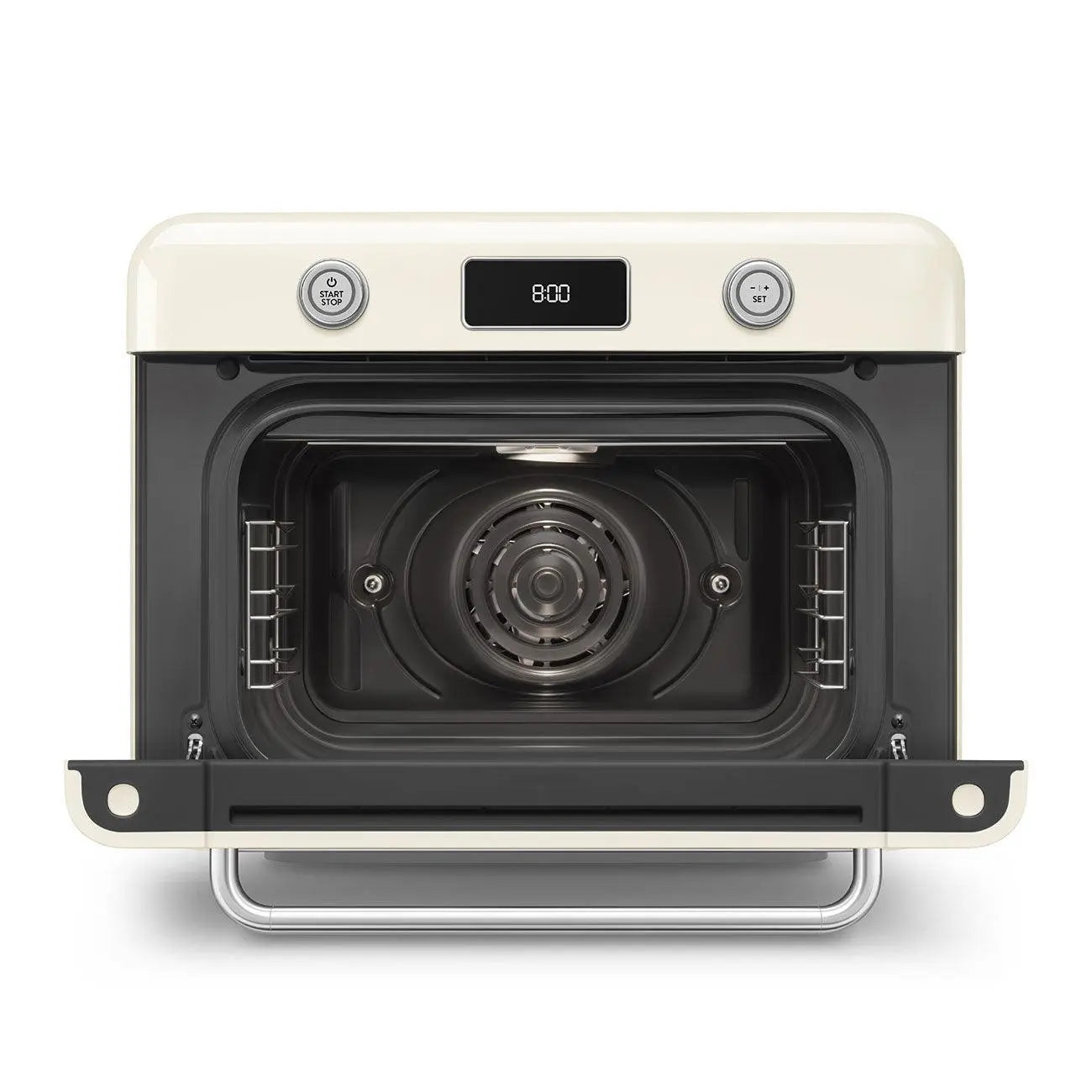 Four crème avec la porte ouverte, montrant l'intérieur avec des grilles et un ventilateur. Fond blanc.
