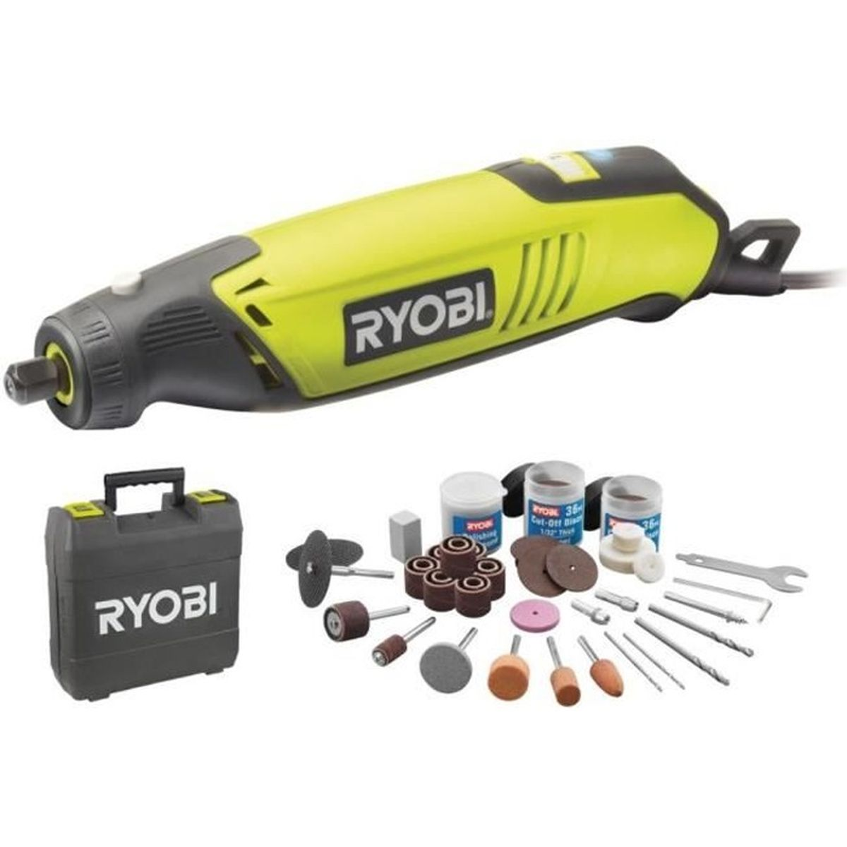 Utensile rotante Ryobi con accessori. L'utensile è giallo e nero. Include una custodia e varie punte.