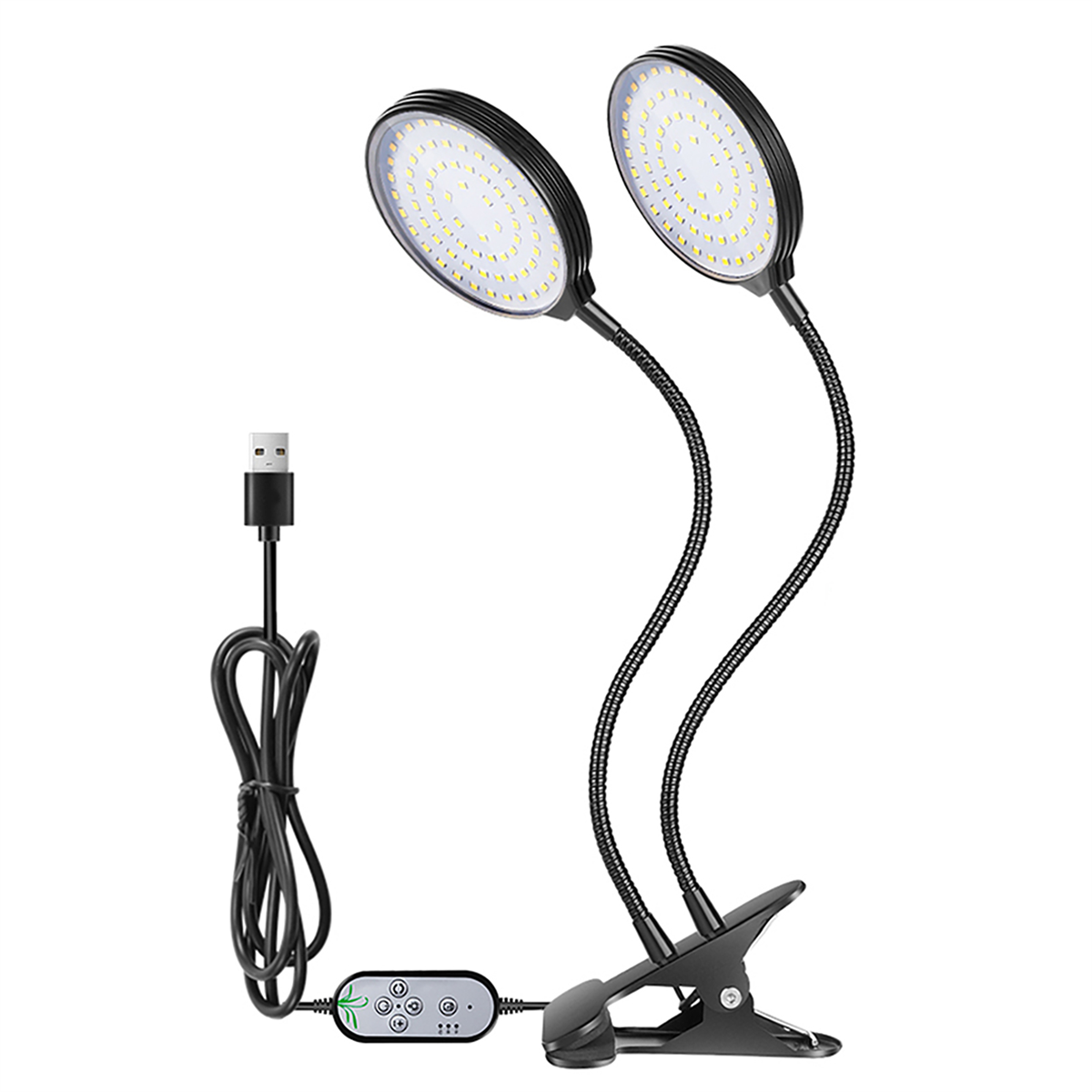 Zwei LED-Pflanzenleuchten. Schwarze, verstellbare Arme mit Lichtern, USB-Kabel und Bedienfeld.