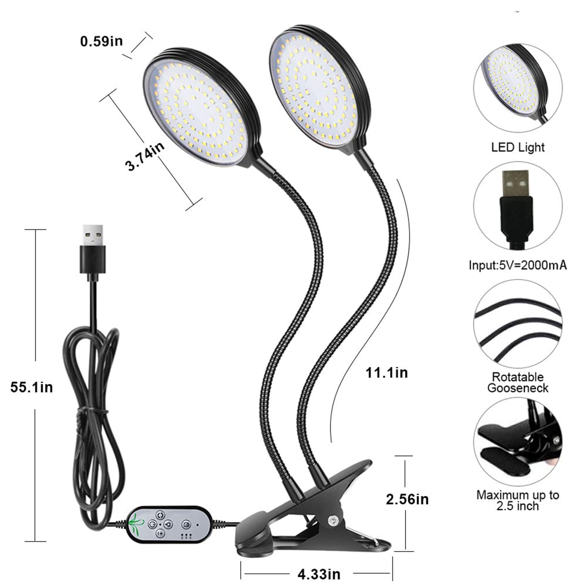 Zwei LED-Wachstumslampen mit verstellbaren Schwanenhälsen, auf weißer Oberfläche.