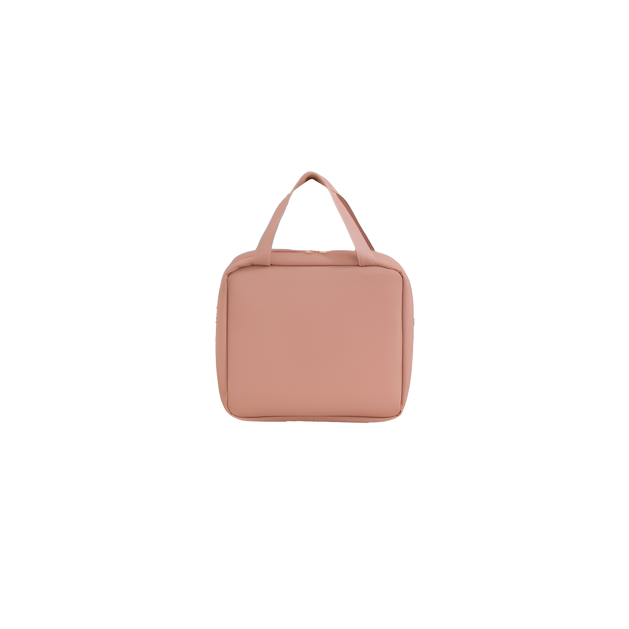 Eine pfirsichfarbene, quadratische Handtasche mit einem Griff.