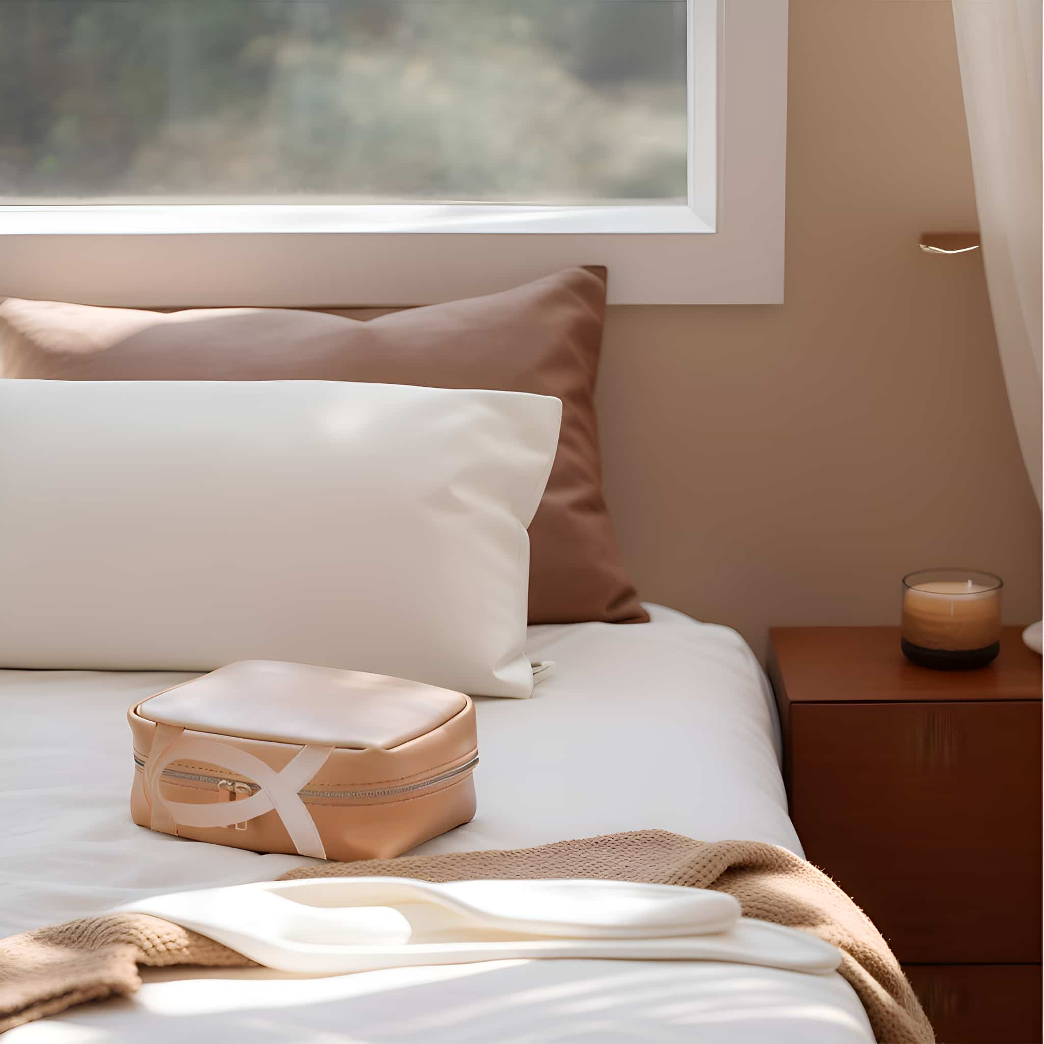Ein Bett mit weißen Laken, zwei Kissen und einer beigefarbenen Tasche auf einer Decke.