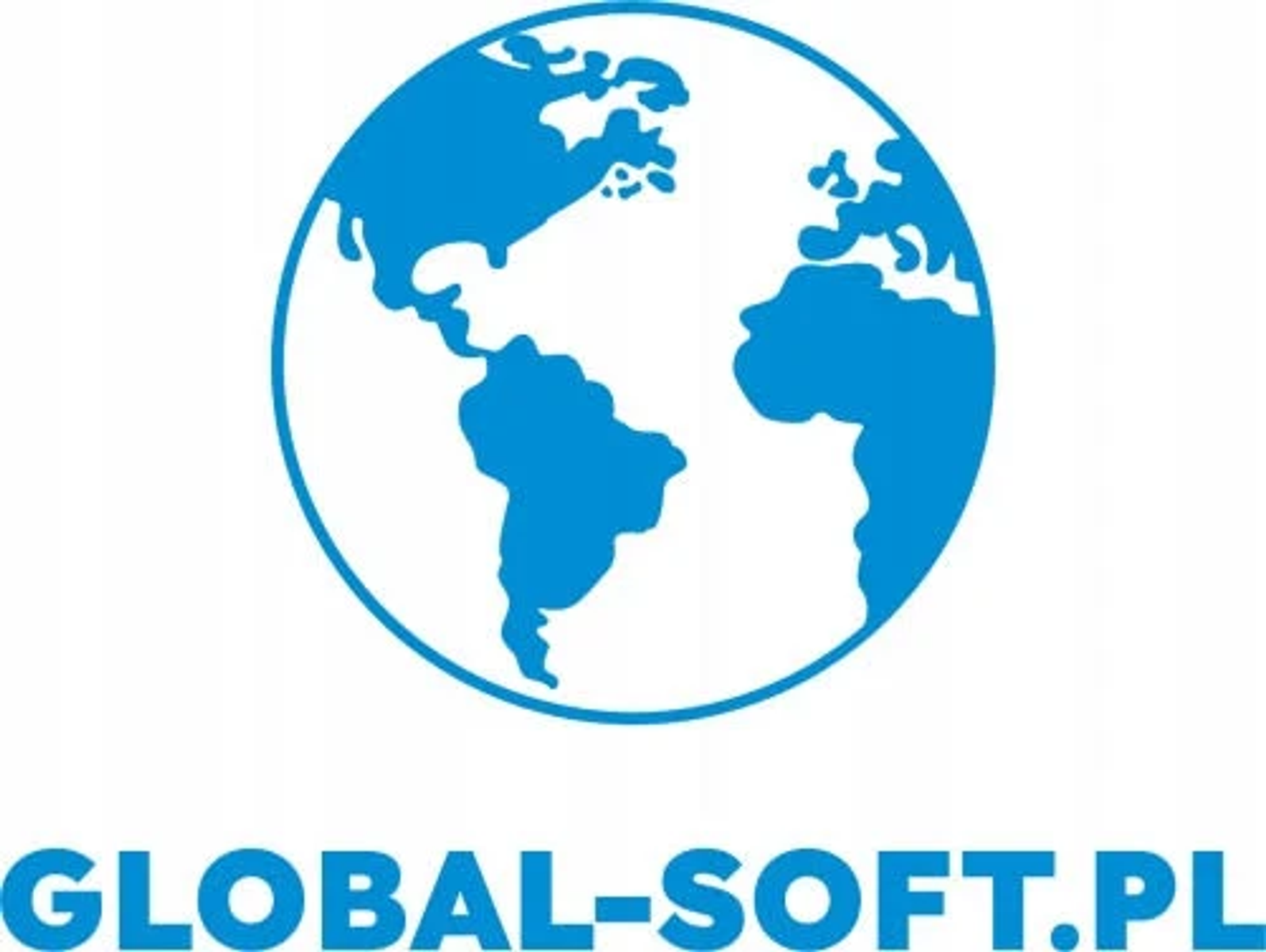 Niebieska kula ziemska z tekstem GLOBAL-SOFT.PL, w okręgu.