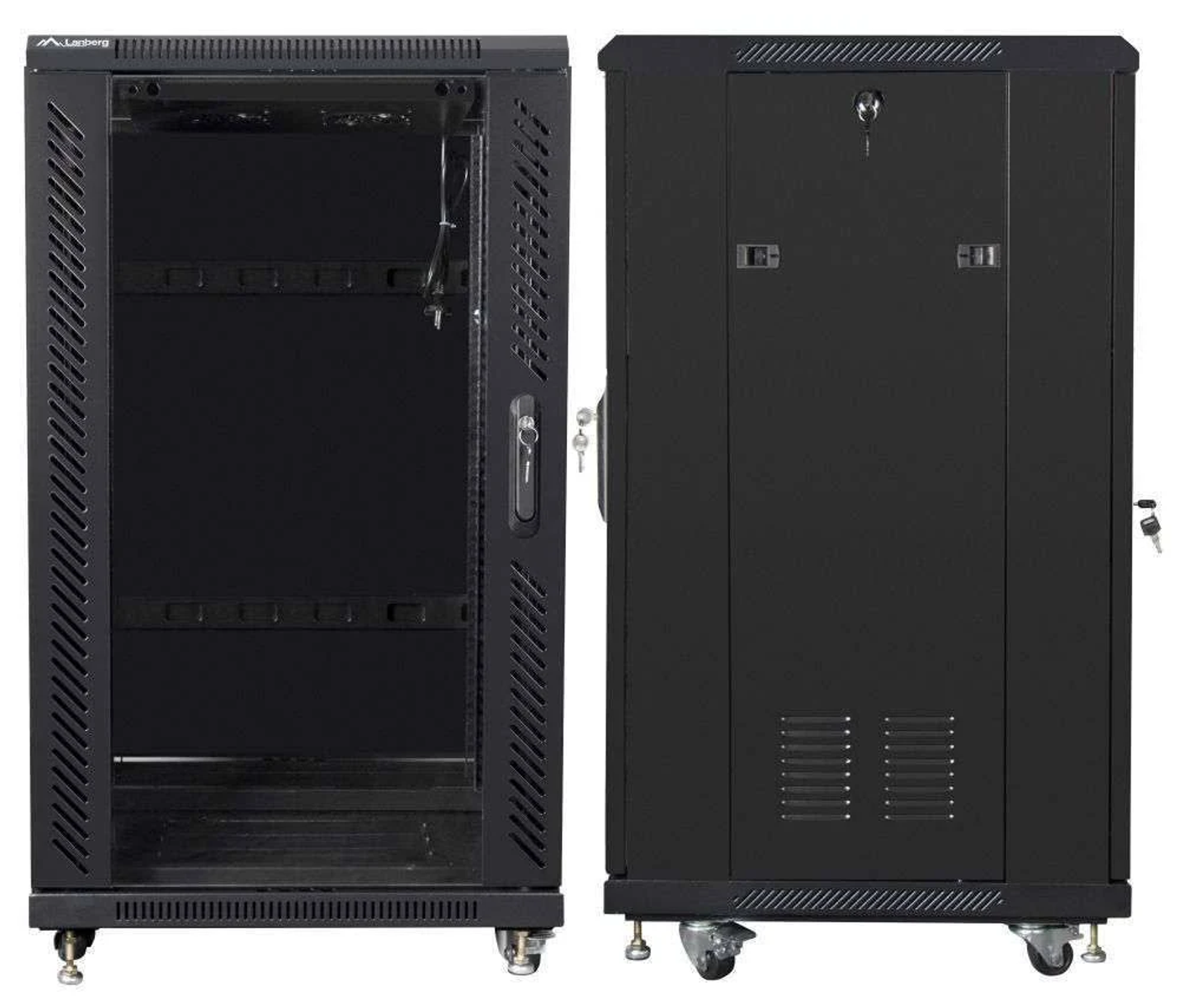 Schwarzer Serverschrank, links offen, rechts geschlossen, mit Rädern.