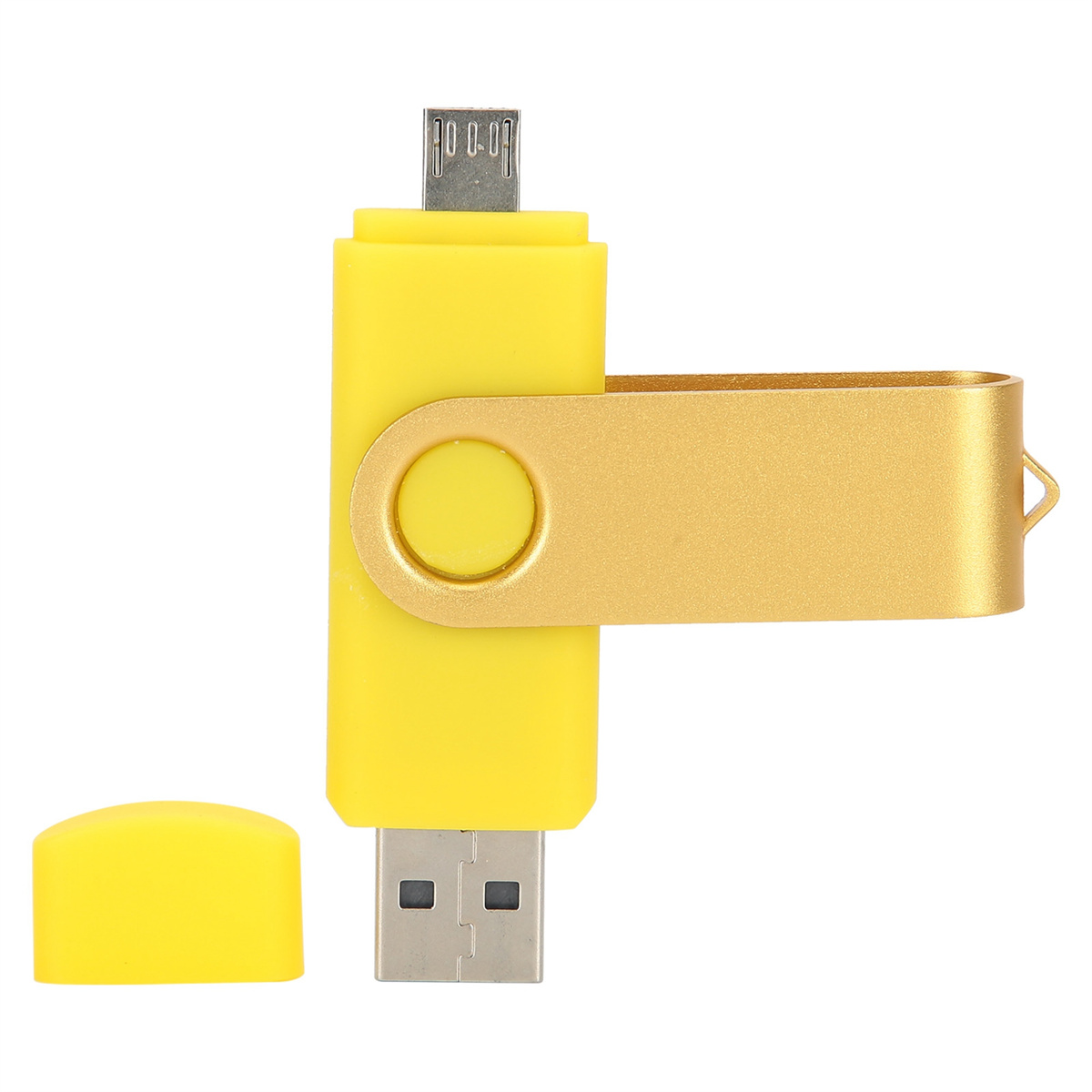 Gelber und goldfarbener USB-Stick mit Kappe. Es ist ein Dual-Anschluss-Gerät.