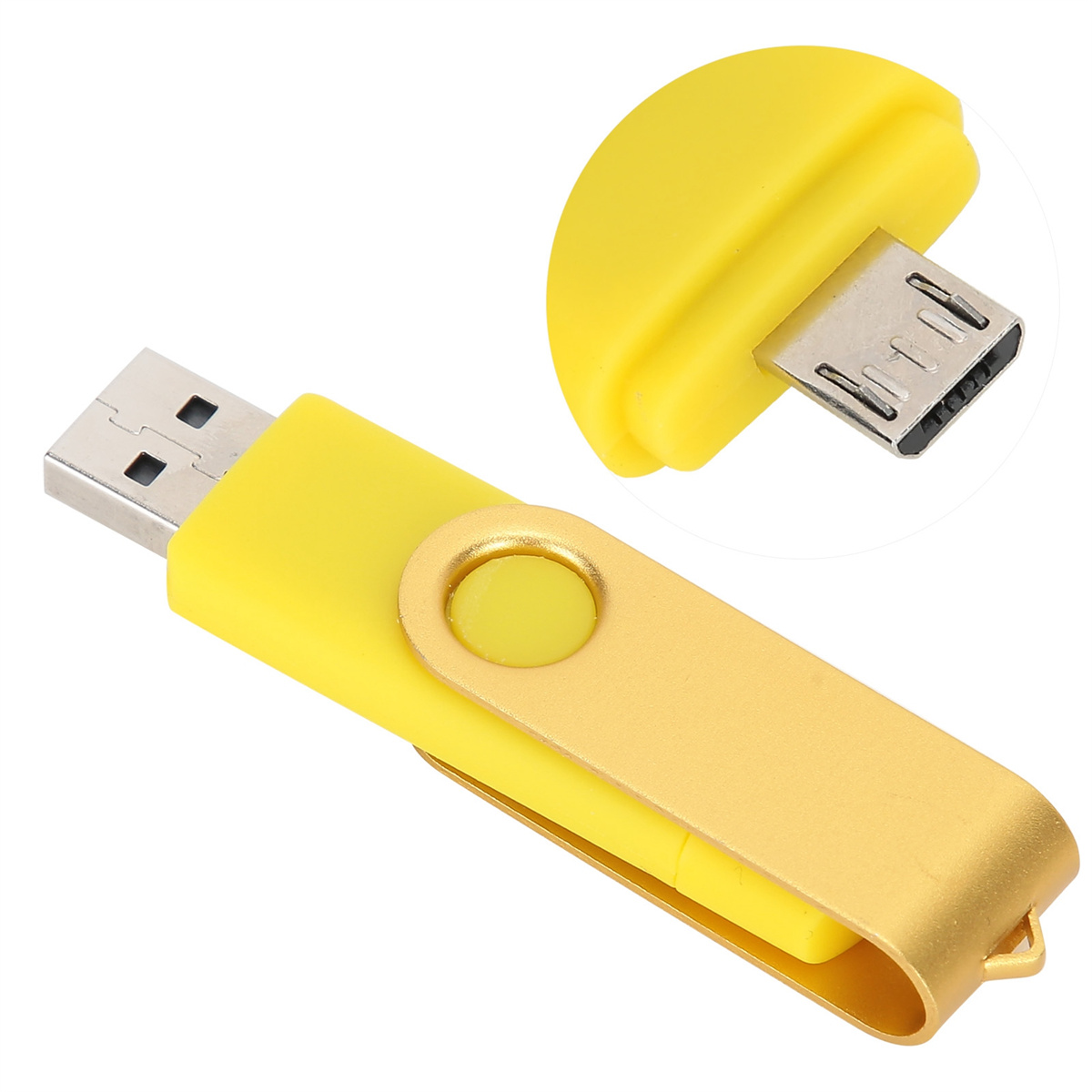 Gelber USB-Stick mit gelbem Deckel. Der USB-Stick hat einen Micro-USB-Anschluss.