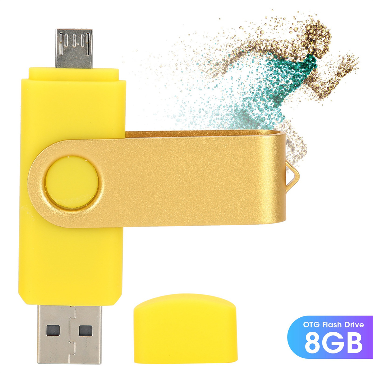 Gelber und goldener USB-Stick mit Kappe. OTG Flash Drive 8GB steht unten.