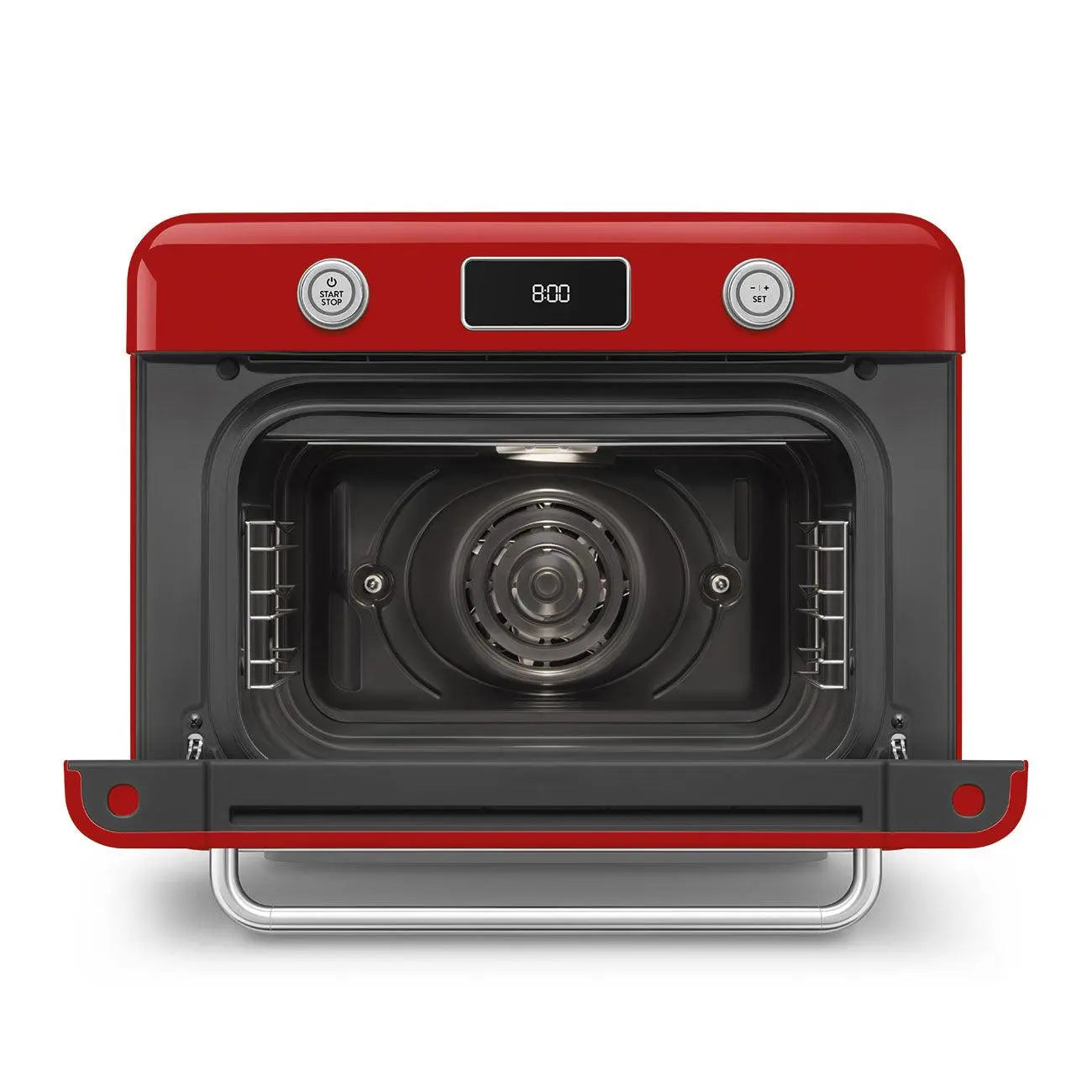 Horno rojo con puerta abierta, mostrando el interior y una pantalla con '8:00'.