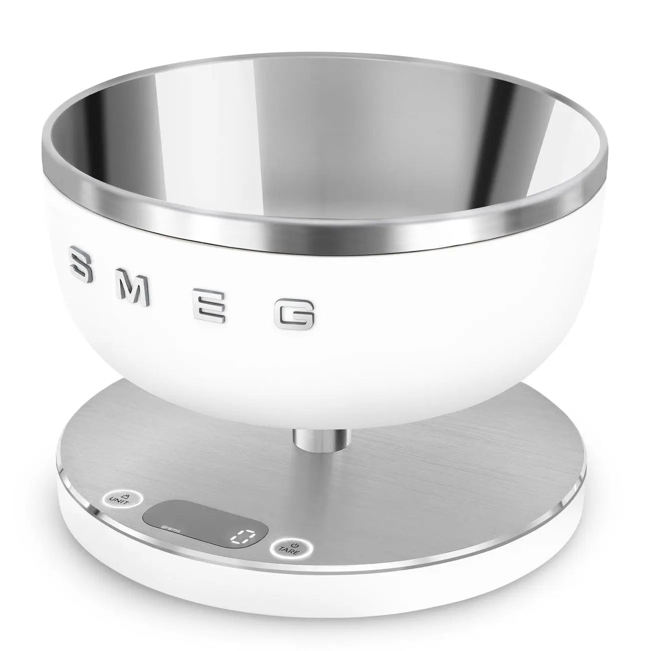 Biała i srebrna waga kuchenna z miską ze stali nierdzewnej. Waga posiada wyświetlacz cyfrowy.