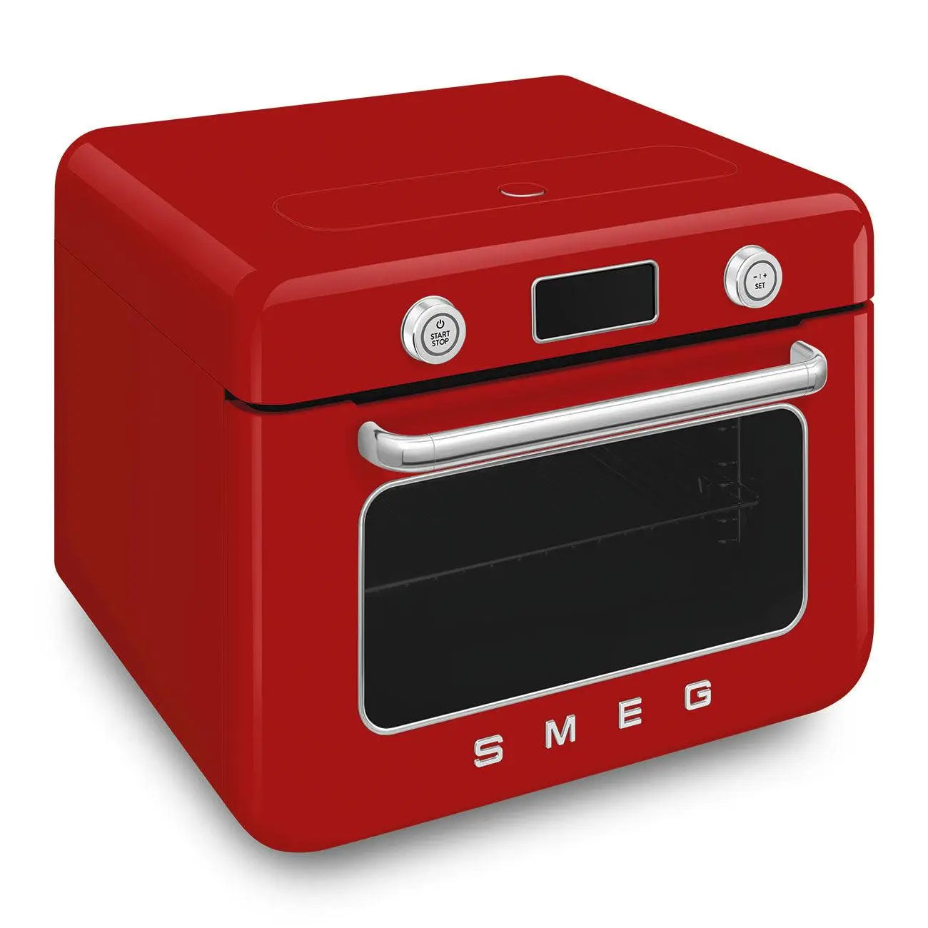 Un horno SMEG rojo con asa y pantalla digital.