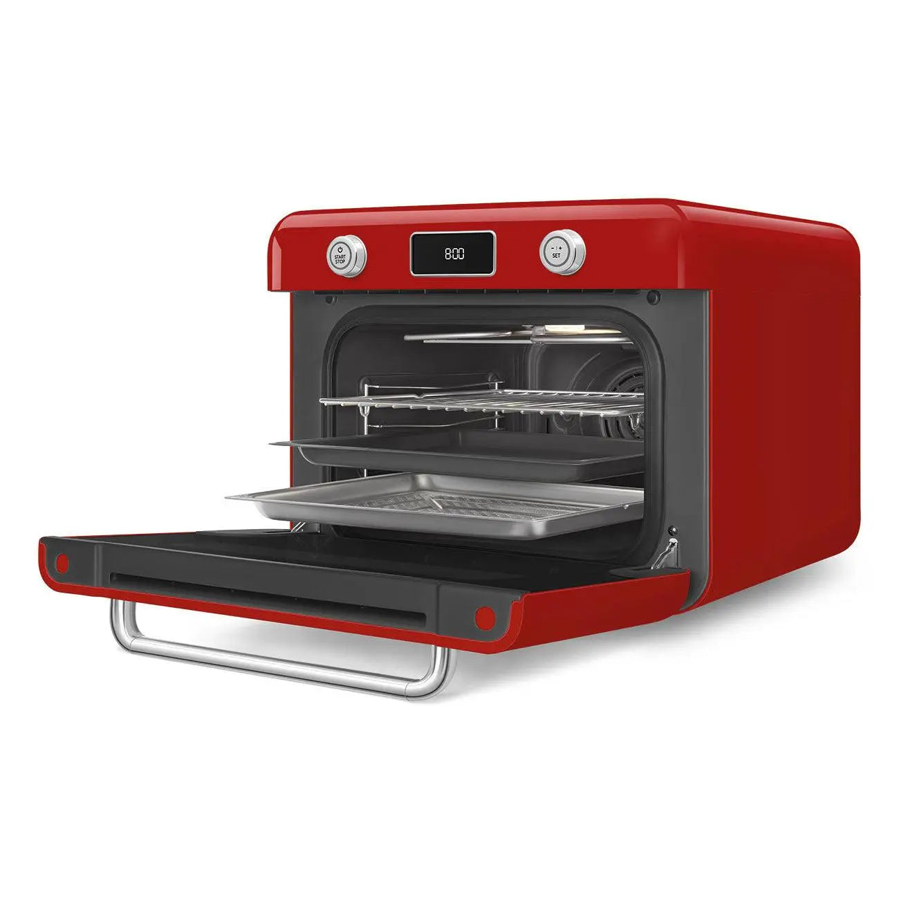 Un horno rojo de estilo retro con la puerta abierta. Dentro, hay bandejas. Fondo blanco.