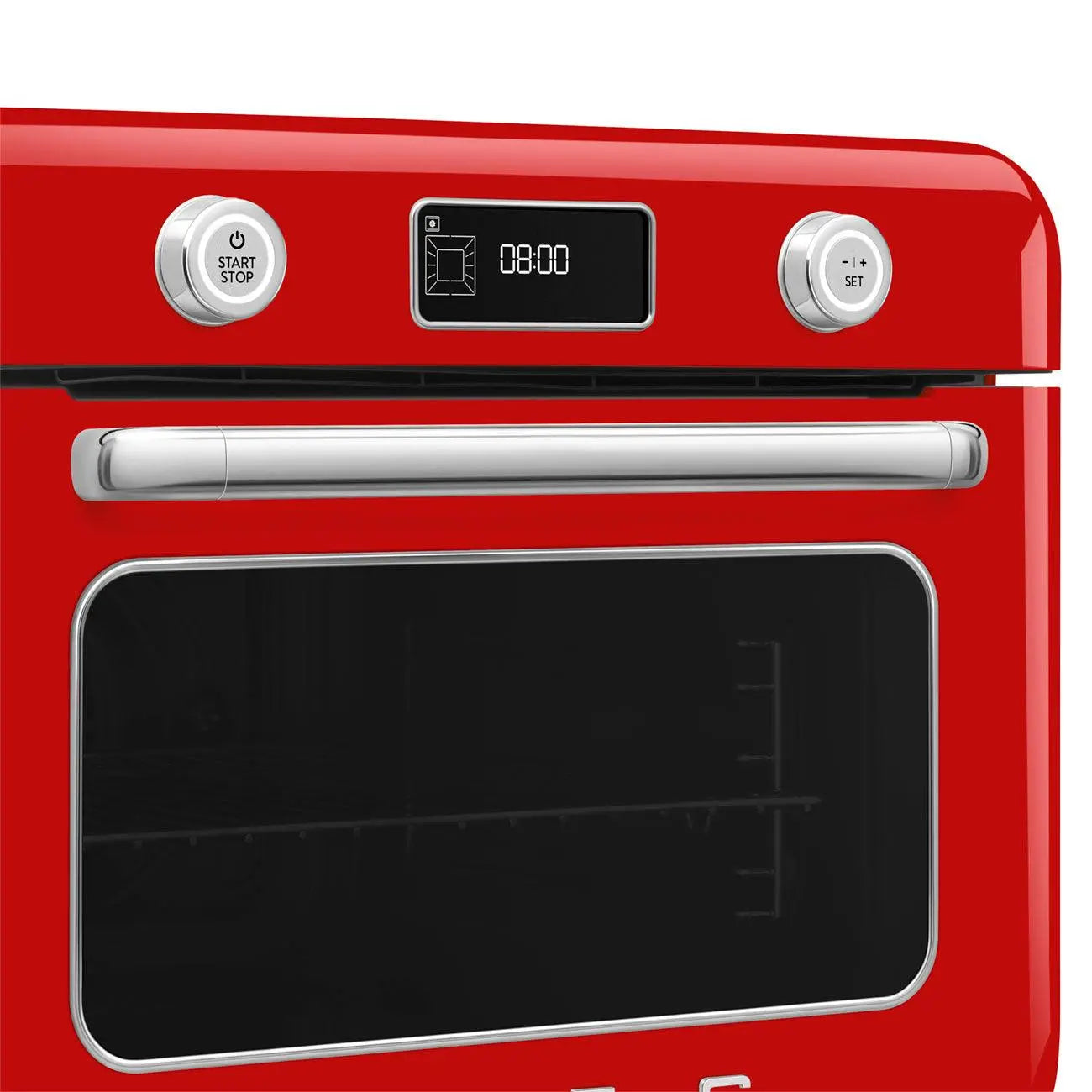 Un horno Smeg rojo con pantalla digital y mandos.