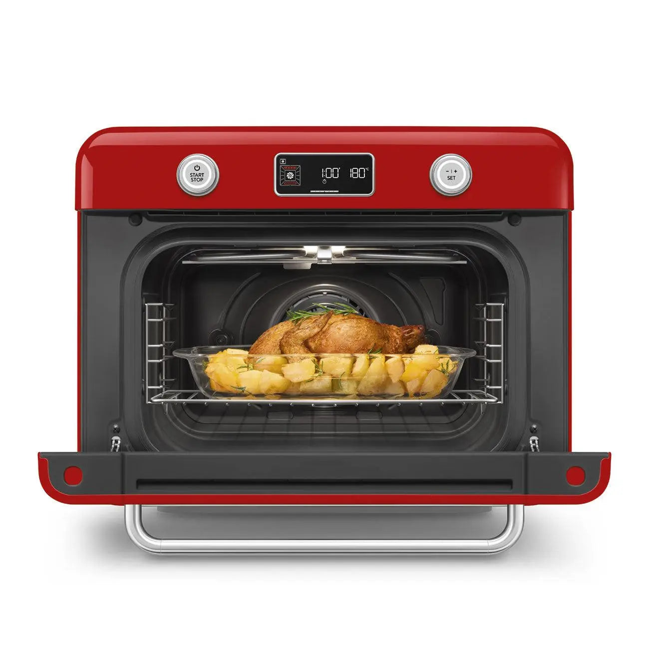 Horno rojo con la puerta abierta, mostrando una bandeja con comida dentro. Pantalla digital en la parte superior.