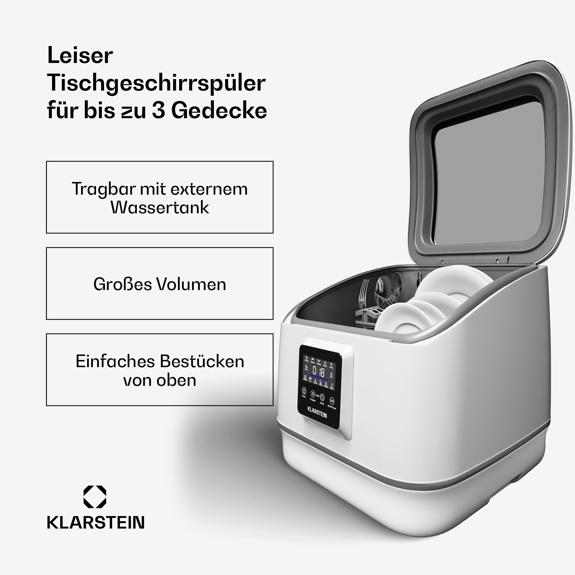 Ein weißer Geschirrspüler mit Textfeldern, die seine Eigenschaften beschreiben. Der Hintergrund ist weiß.