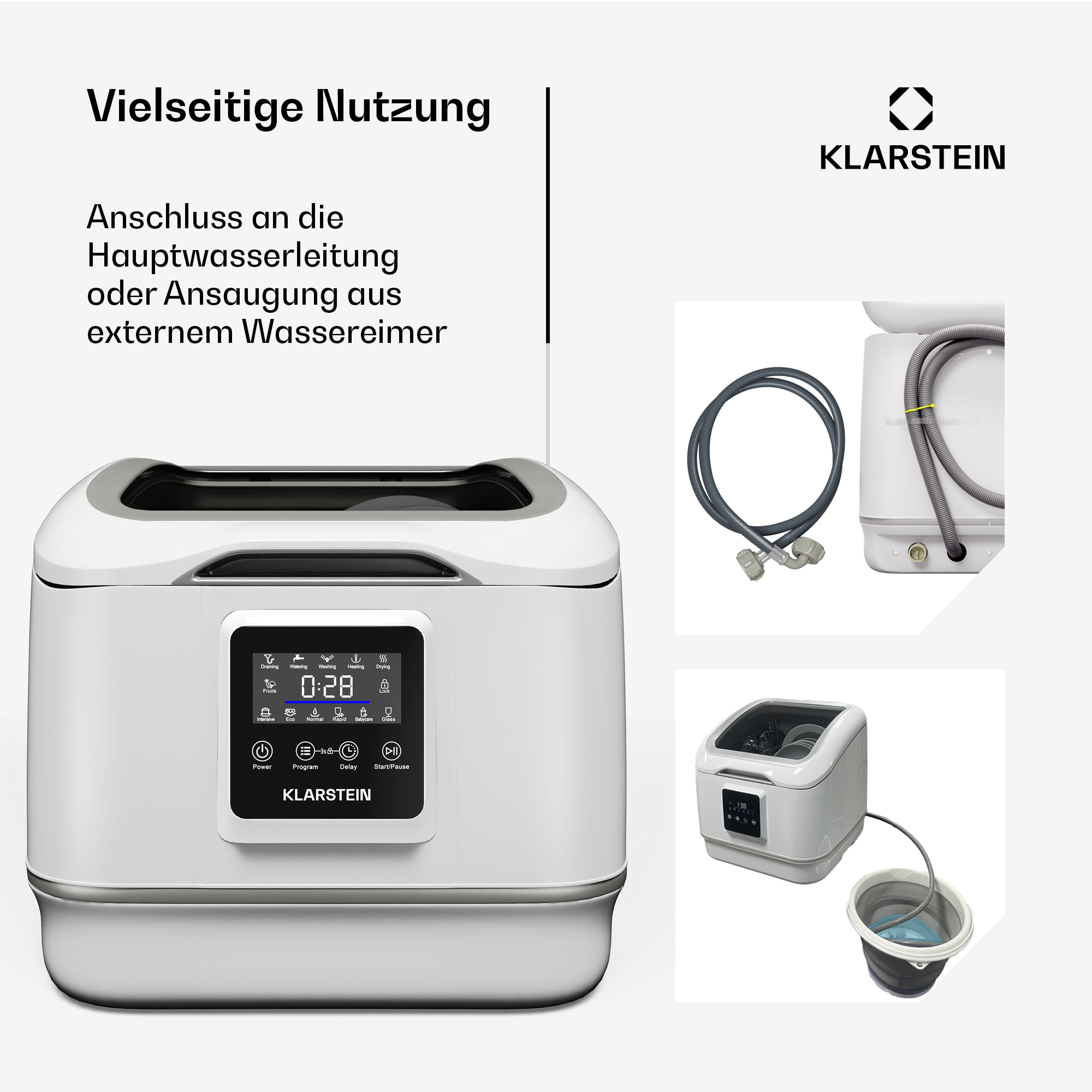 Weiße Waschmaschine mit mehreren Bildern und digitaler Anzeige.