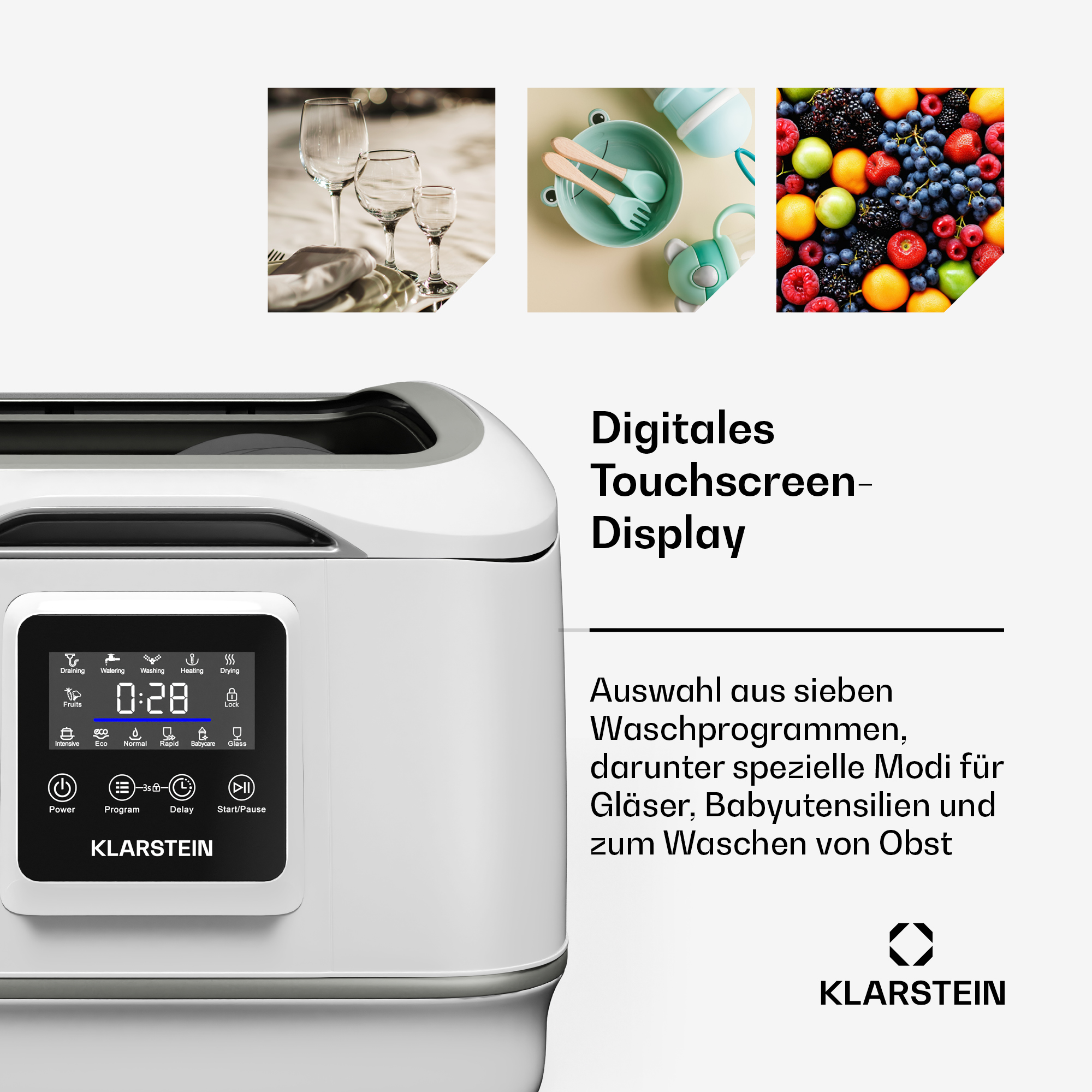 Weißes Gerät mit Digitalanzeige. Bilder von Glaswaren, Babyutensilien und Früchten sind vorhanden.