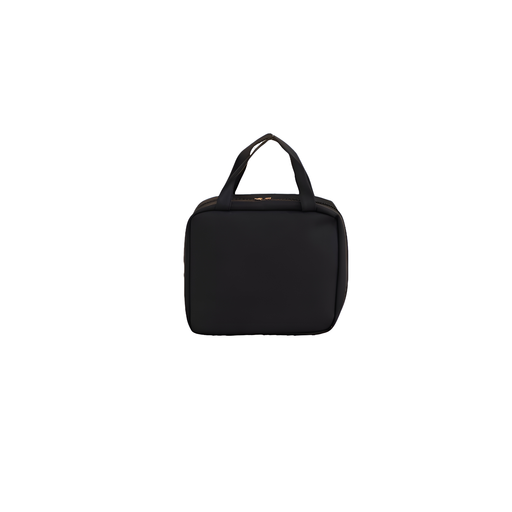 Schwarze quadratische Tasche mit Griff. Es ist eine kleine Tasche, einfach und hat einen Reißverschluss.