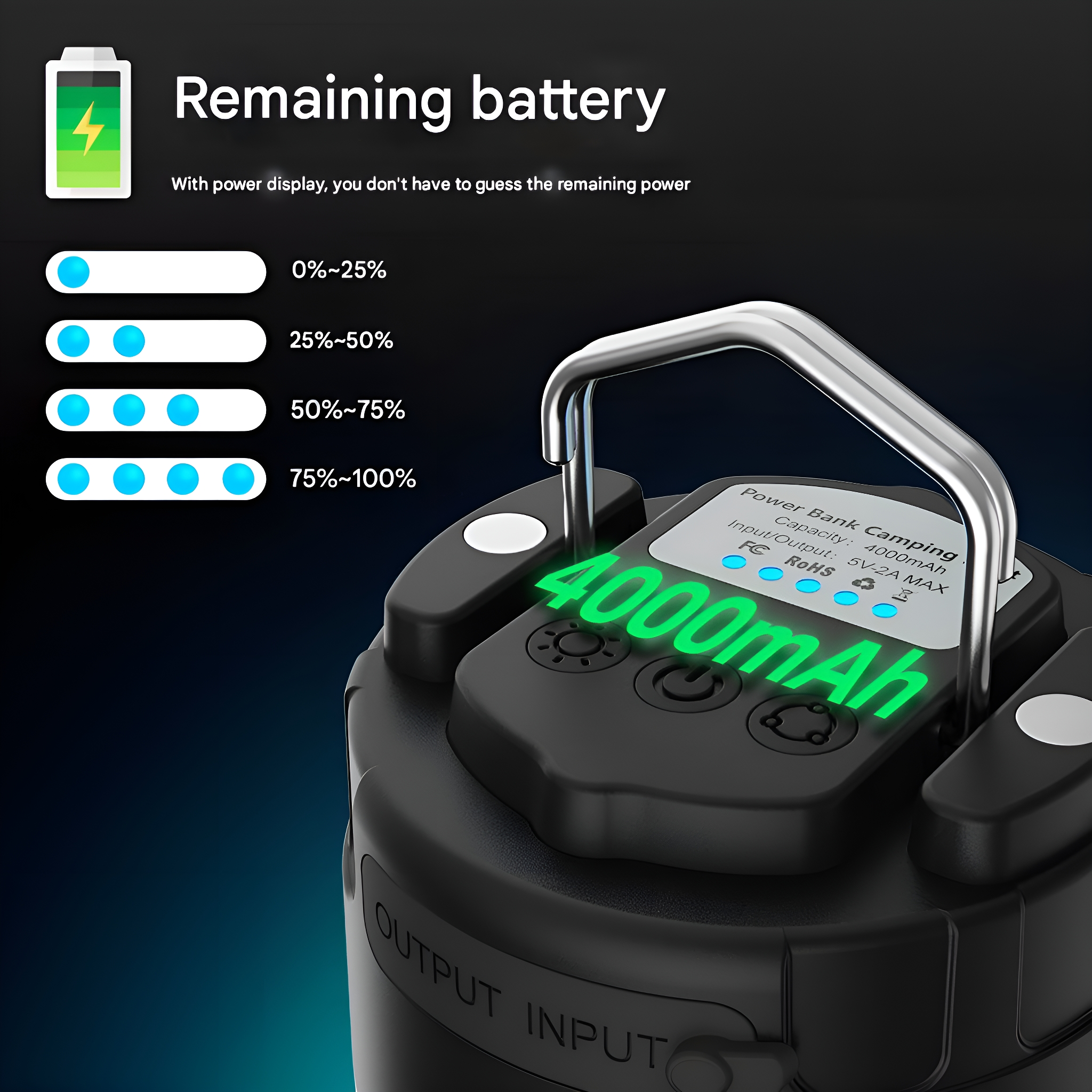 Schwarze Powerbank mit Batteriestandsanzeigen und Griff. Ein 4000mAh-Etikett.