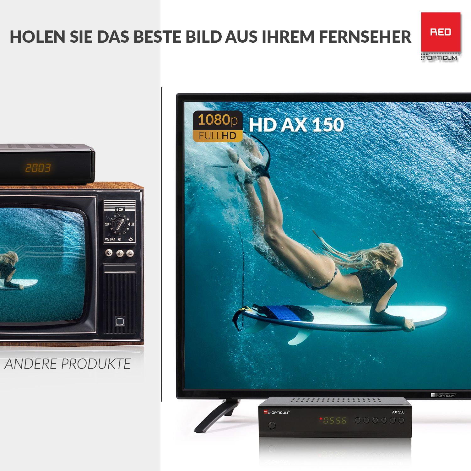 Fernsehbild mit Surfer, und schwarze Set-Top-Box auf Holztisch.