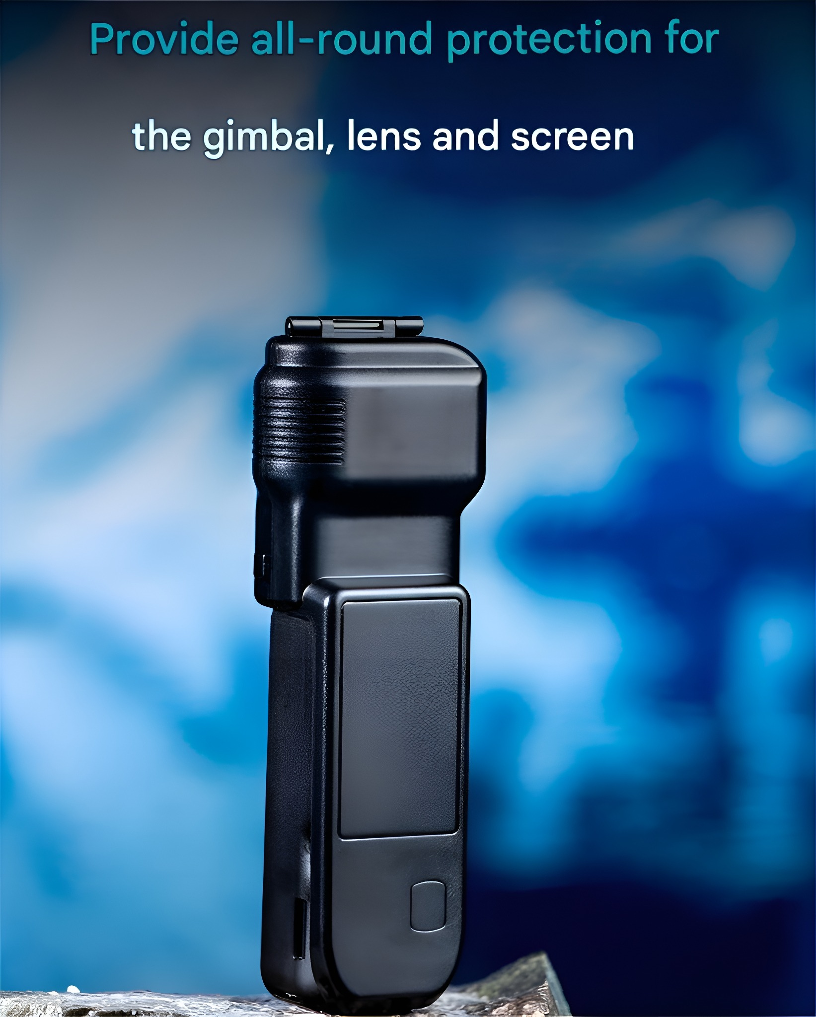 Schwarzer Handheld-Gimbal mit Bildschirm, vor blauem Hintergrund mit Text.