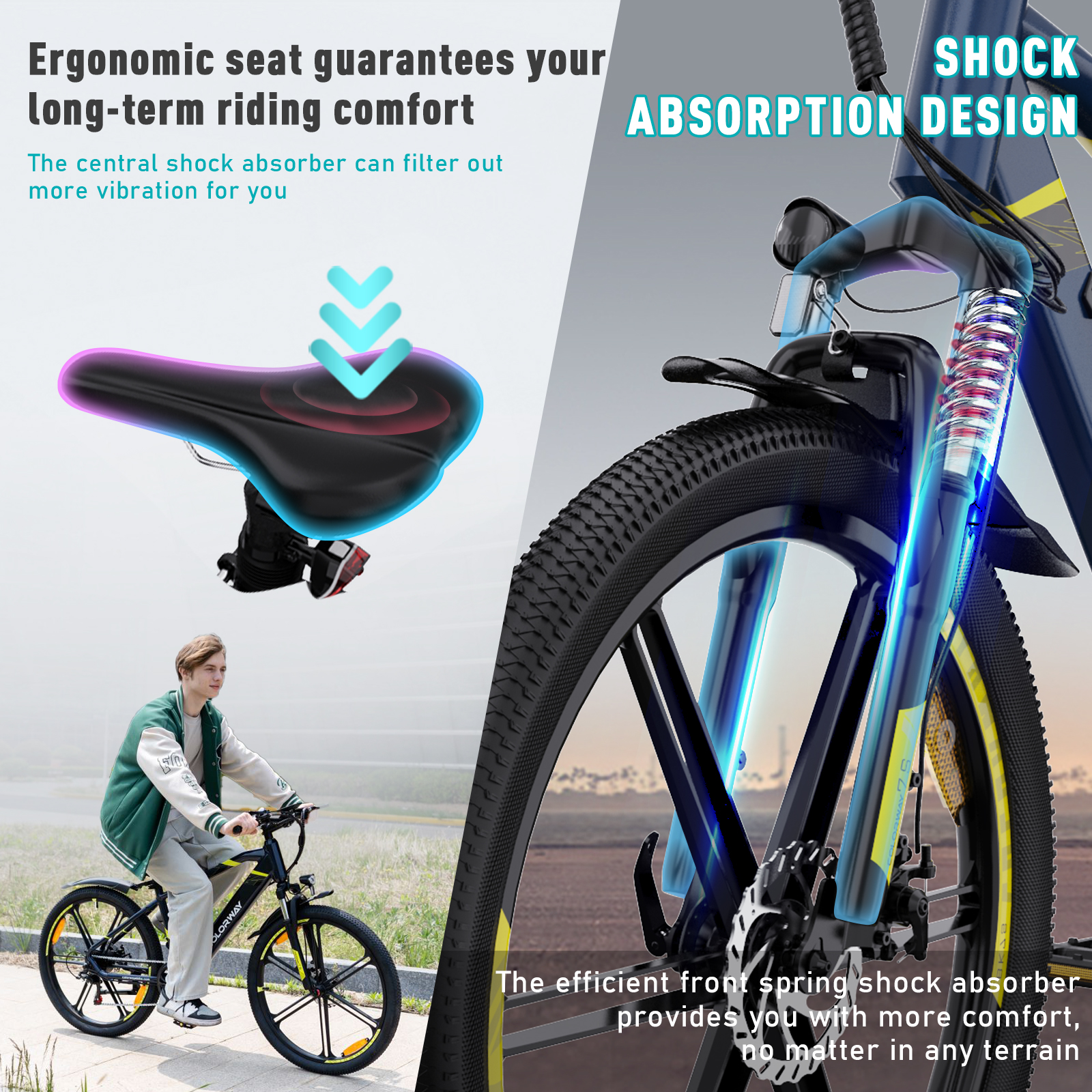 Ein Mann fährt Fahrrad. Text hebt Sitz und Stoßdämpferdesign für Komfort hervor.