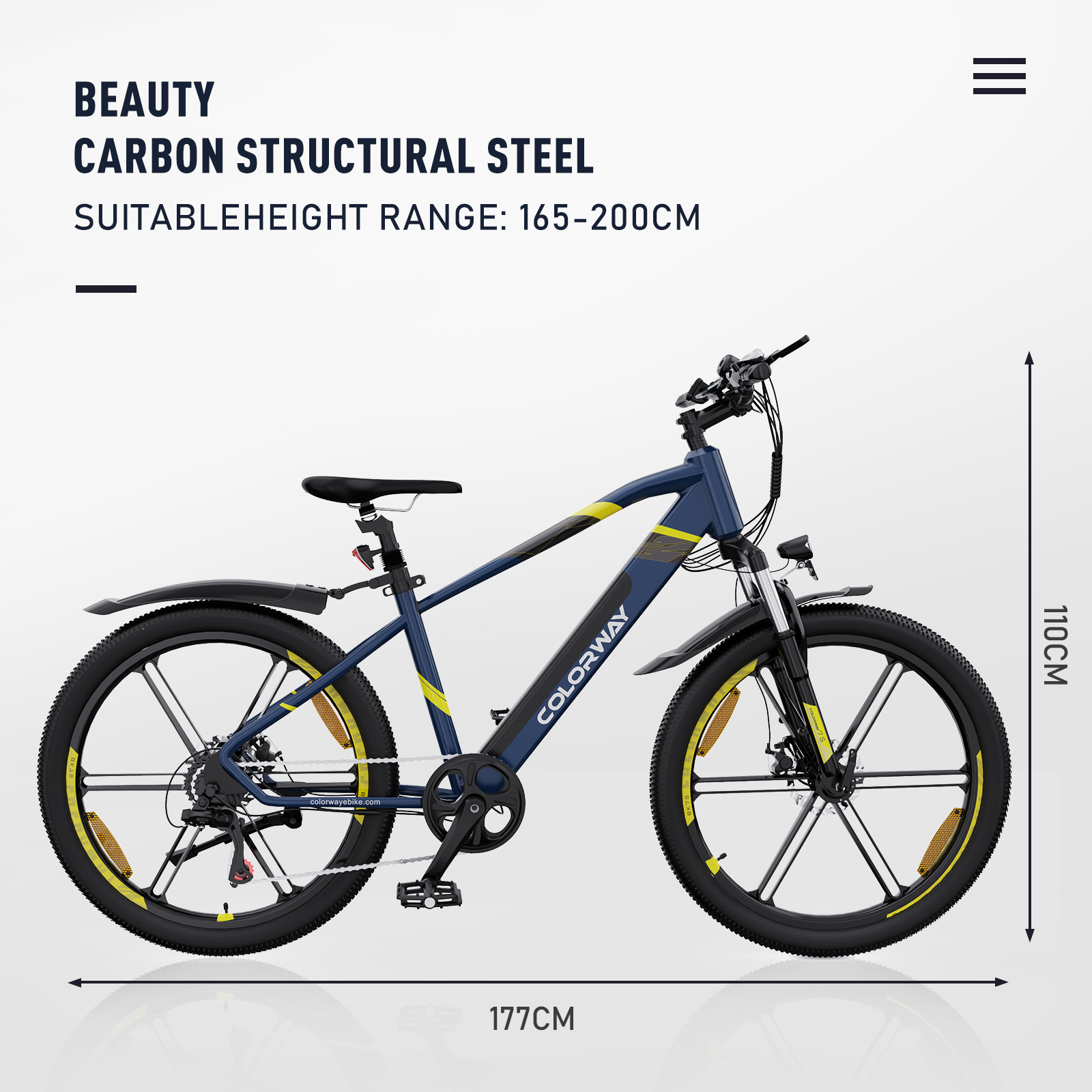 Blaues Mountainbike mit gelben Akzenten. Text oben. Abmessungen sind angegeben. Weißer Hintergrund.