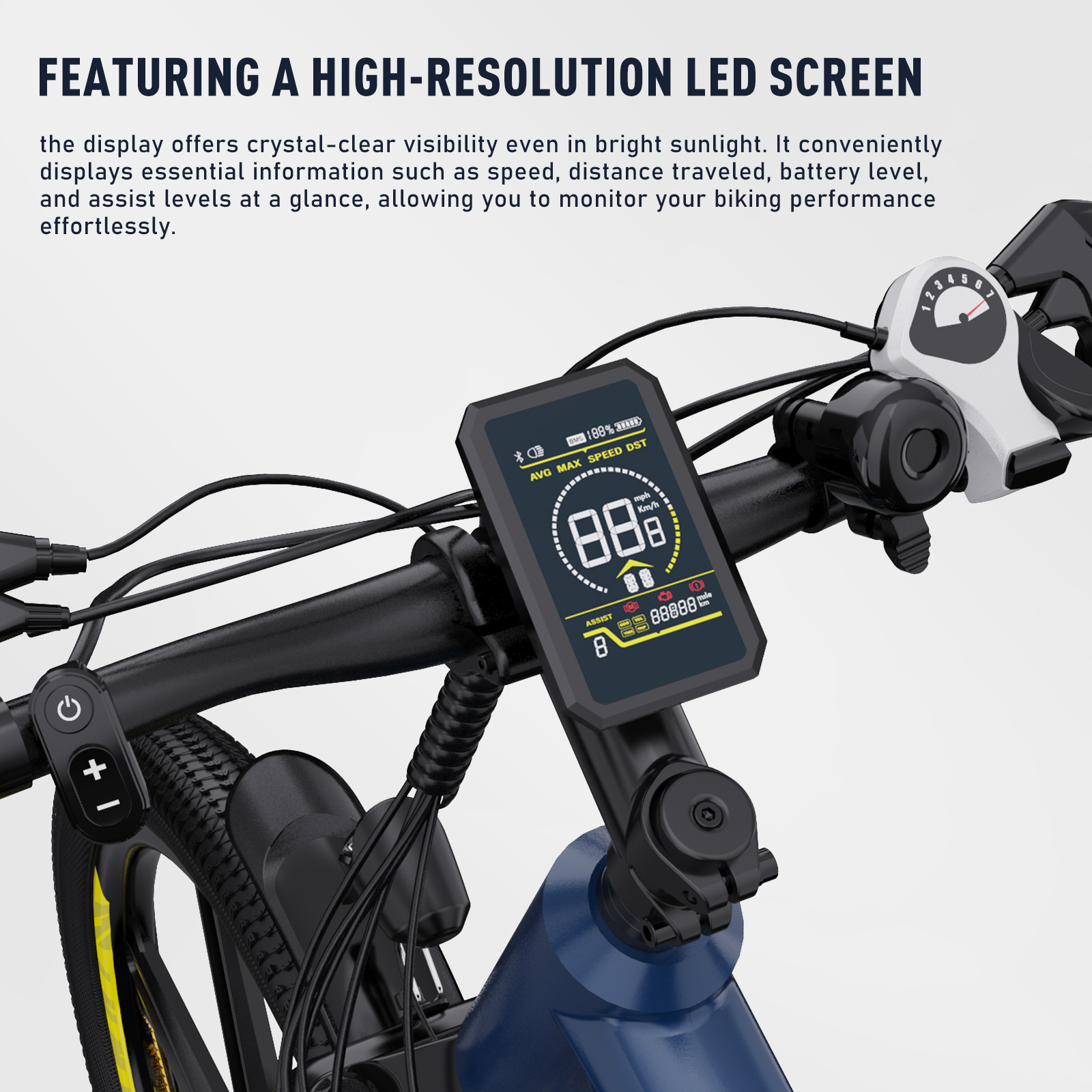 Nahaufnahme eines Fahrradlenkers mit Display, das Geschwindigkeit und Batterieinformationen anzeigt.