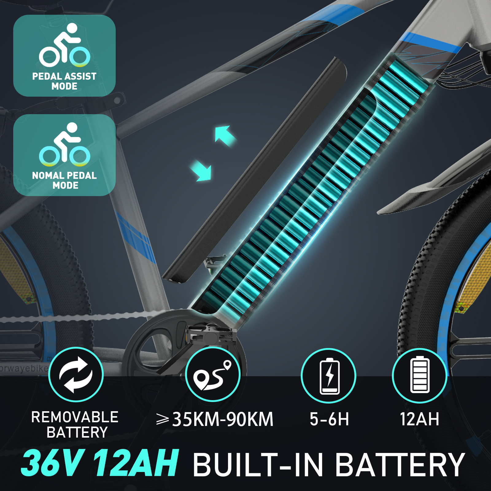 Ein Elektrofahrrad mit detaillierten Diagrammen, die Akku- und Pedalunterstützungsmodi zeigen.