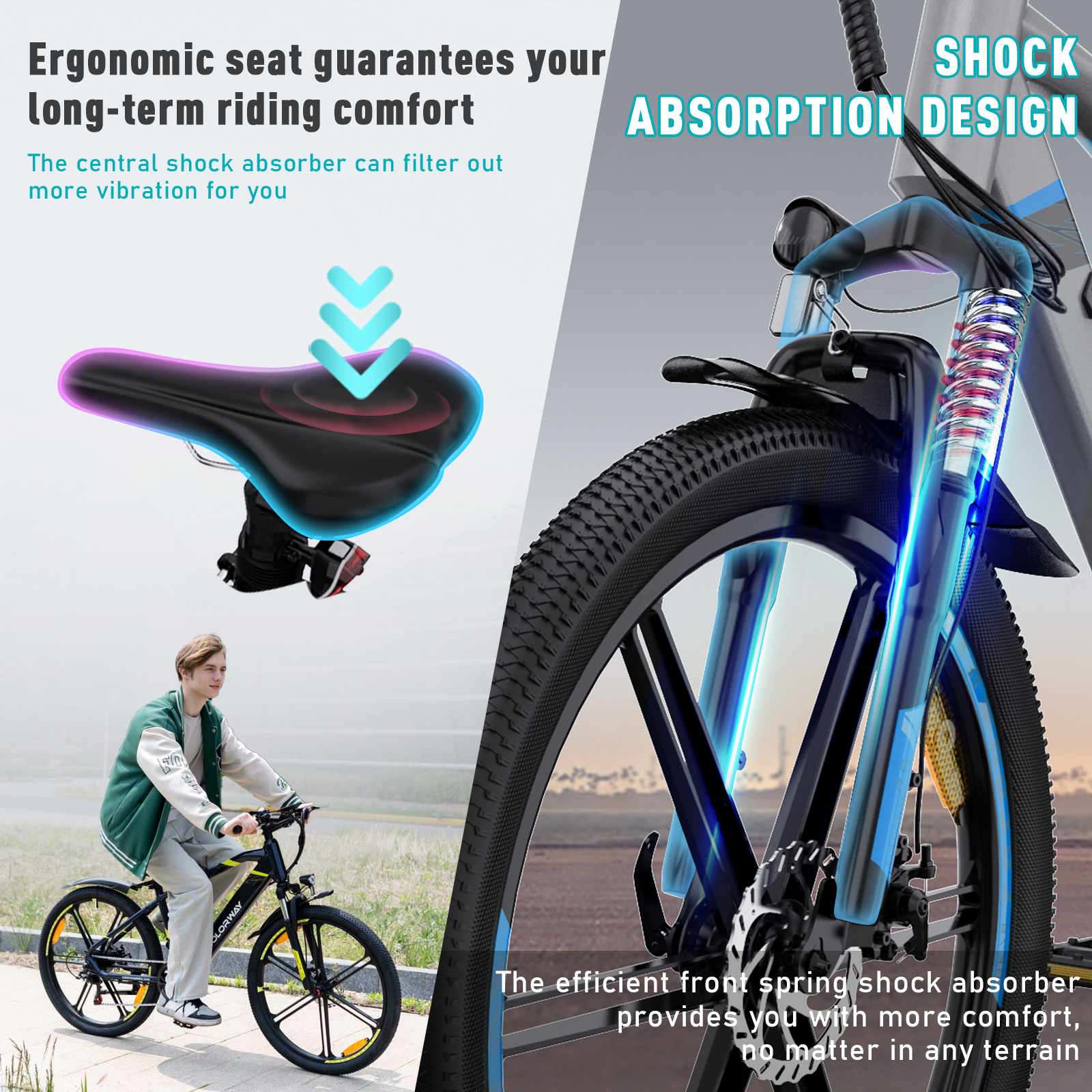Ein Mann fährt ein schwarz-gelbes Fahrrad. Das Fahrrad hat ein Stoßdämpfungsdesign und einen ergonomischen Sitz.