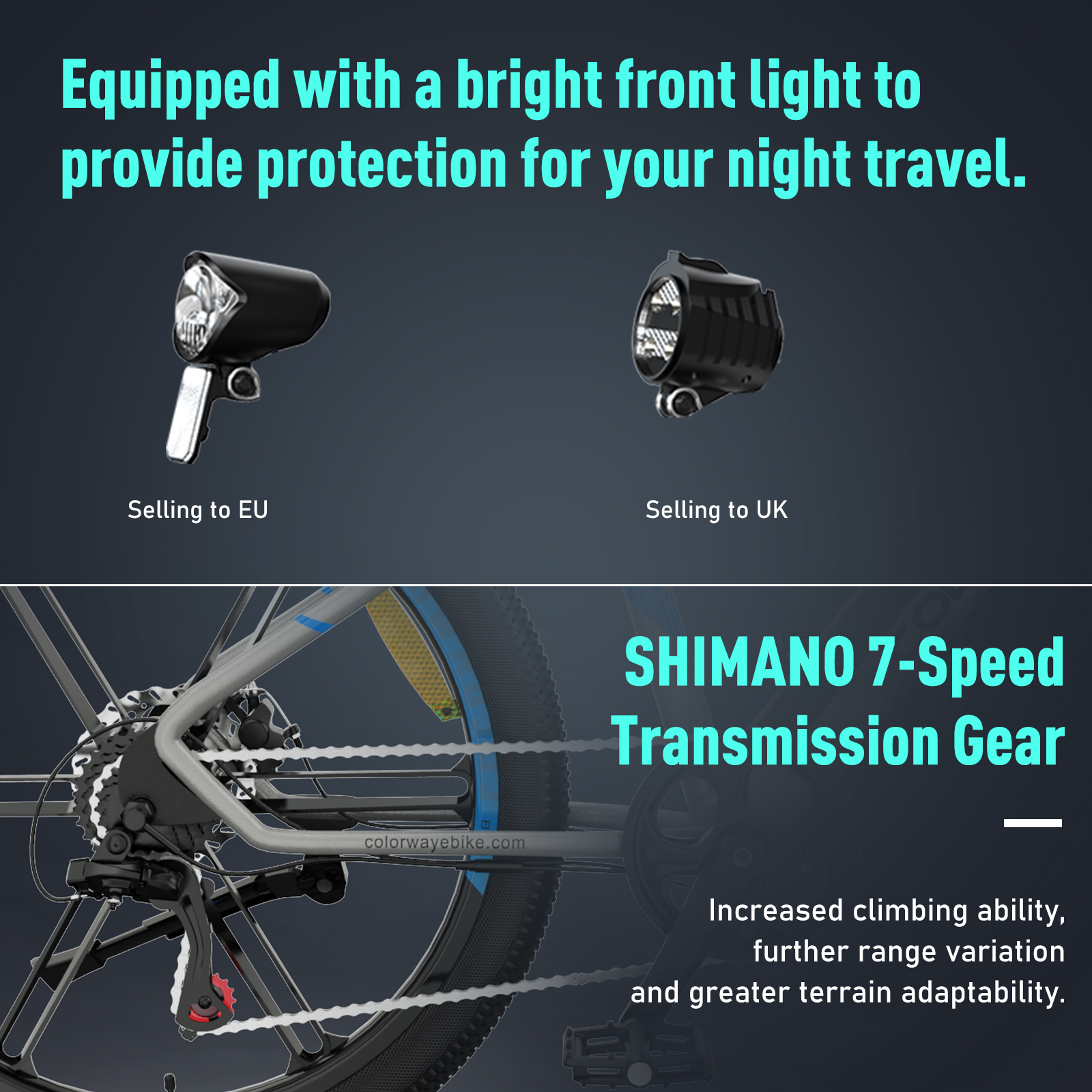 Zwei Fahrradlichter, eins für die EU und eins für UK. Eine Shimano 7-Gang-Getriebe.