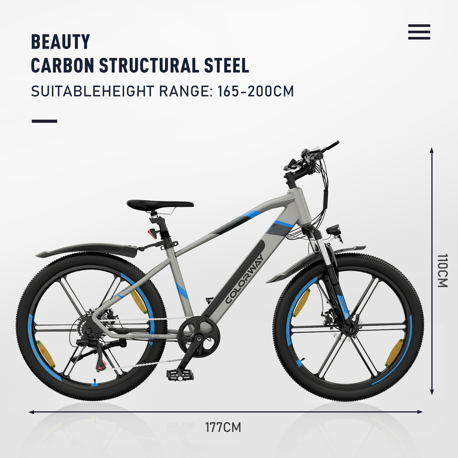 Ein graues und blaues Mountainbike mit Text und Maßen auf dem Bildschirm.
