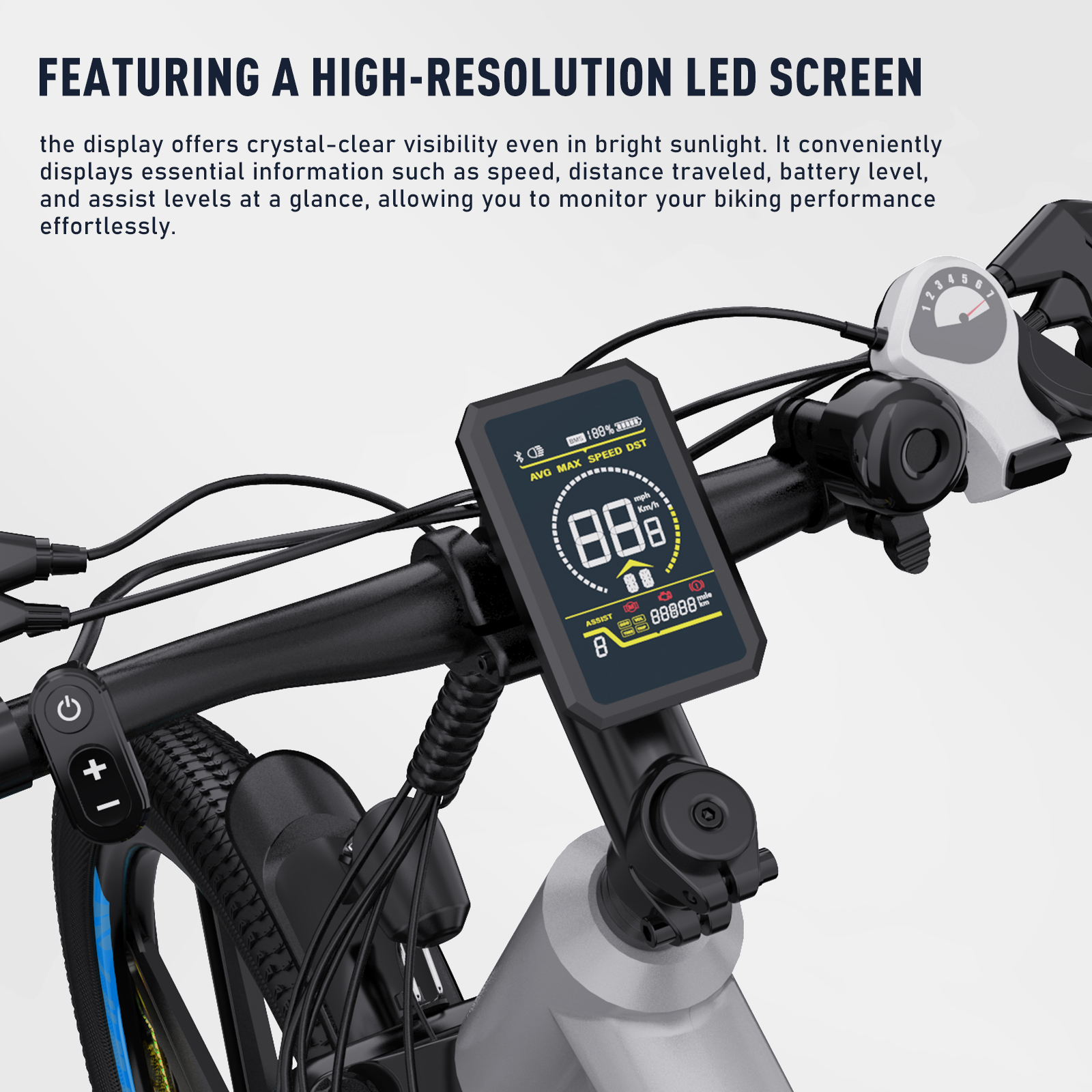 Fahrradlenker mit Digitalanzeige. Der Bildschirm zeigt Geschwindigkeit und Batterieinformationen.