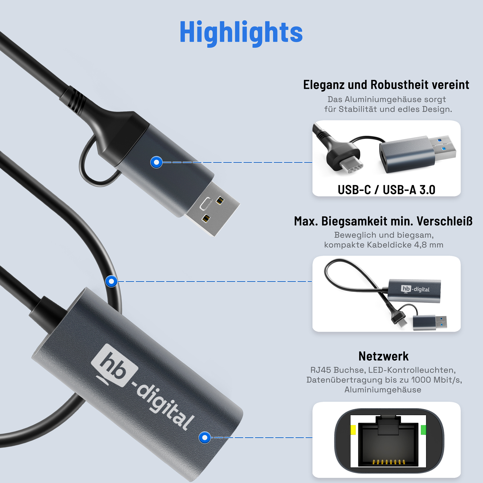 Highlights eines USB-C-Adapters. Er verfügt über USB-C/USB-A 3.0, Flexibilität und einen Netzwerkanschluss.