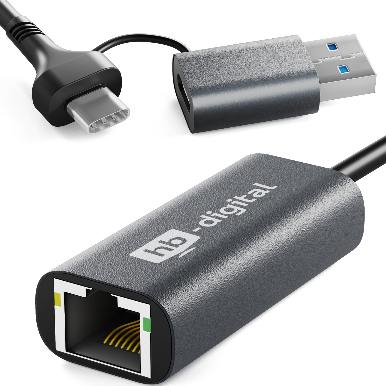 USB-C-Adapter mit USB-A- und RJ45-Anschlüssen, schwarzes Kabel.