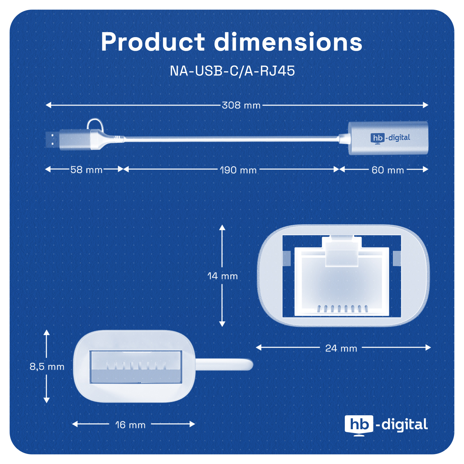 Produktdiagramm eines USB-C-zu-RJ45-Adapters mit Abmessungen in mm.