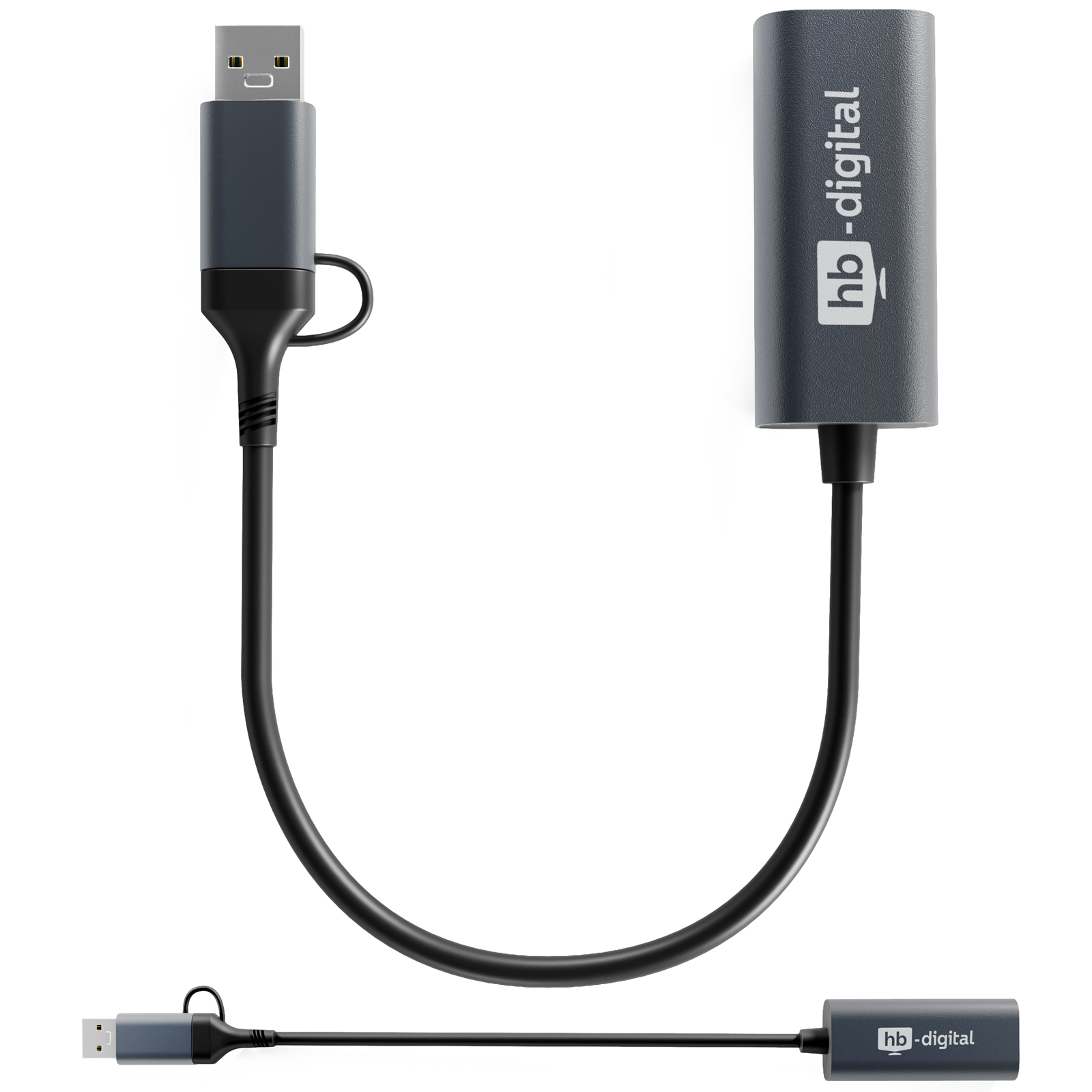 USB-C-Adapter mit RJ45-Anschluss, graues und schwarzes Kabel.
