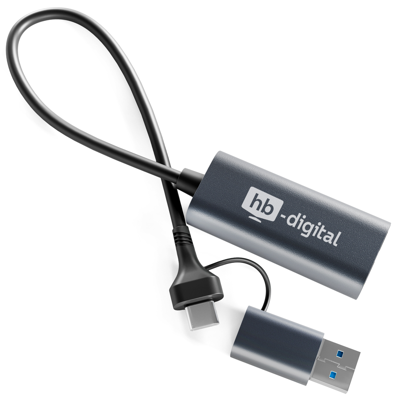 USB-C-Adapter mit RJ45-Anschluss. Der Adapter ist grau, das Kabel schwarz.