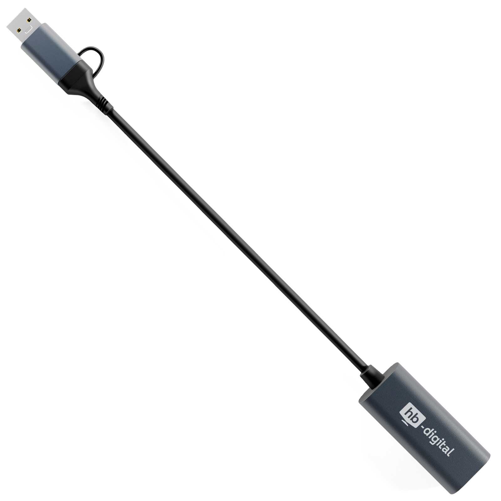 USB-C-zu-RJ45-Adapter, Grau- und Schwarz-Farbschema.