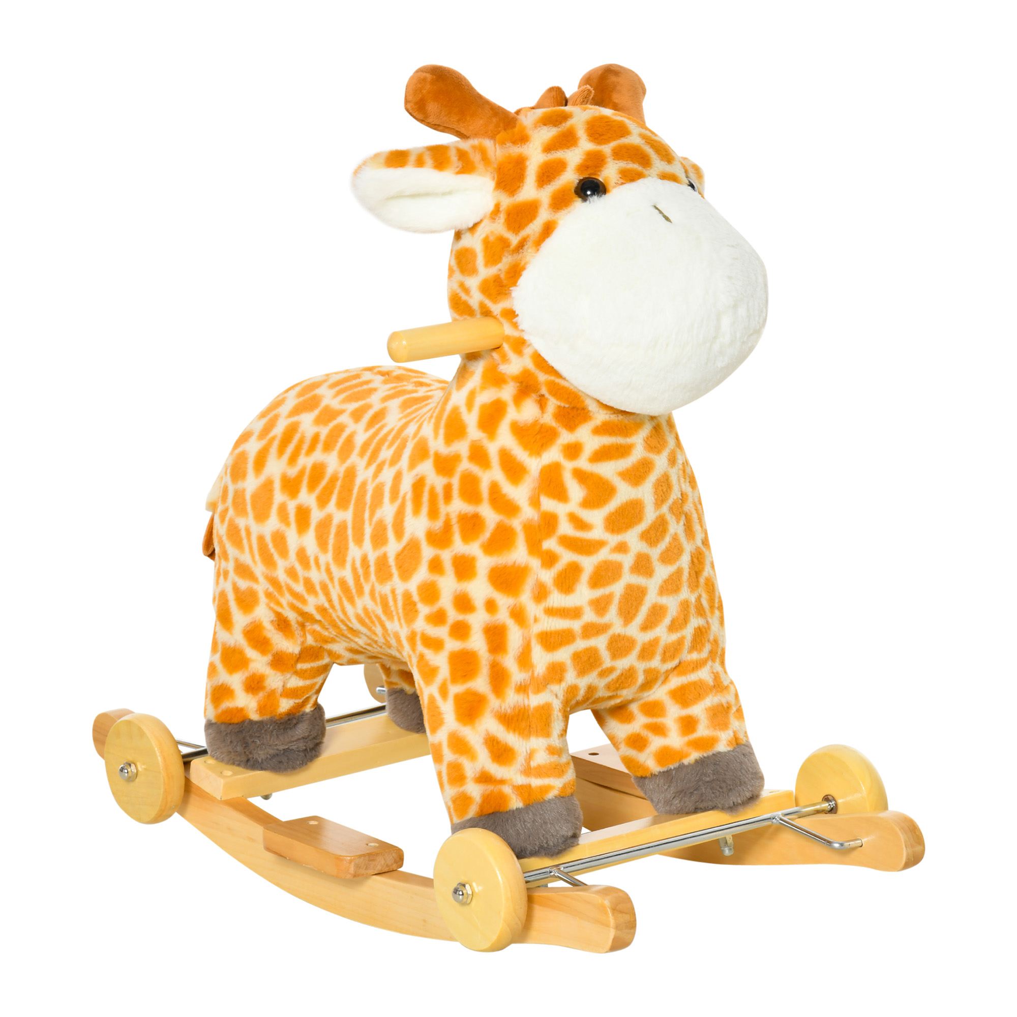 Cavallo a dondolo giraffa su sfondo bianco, con motivo a pois arancione e bianco.