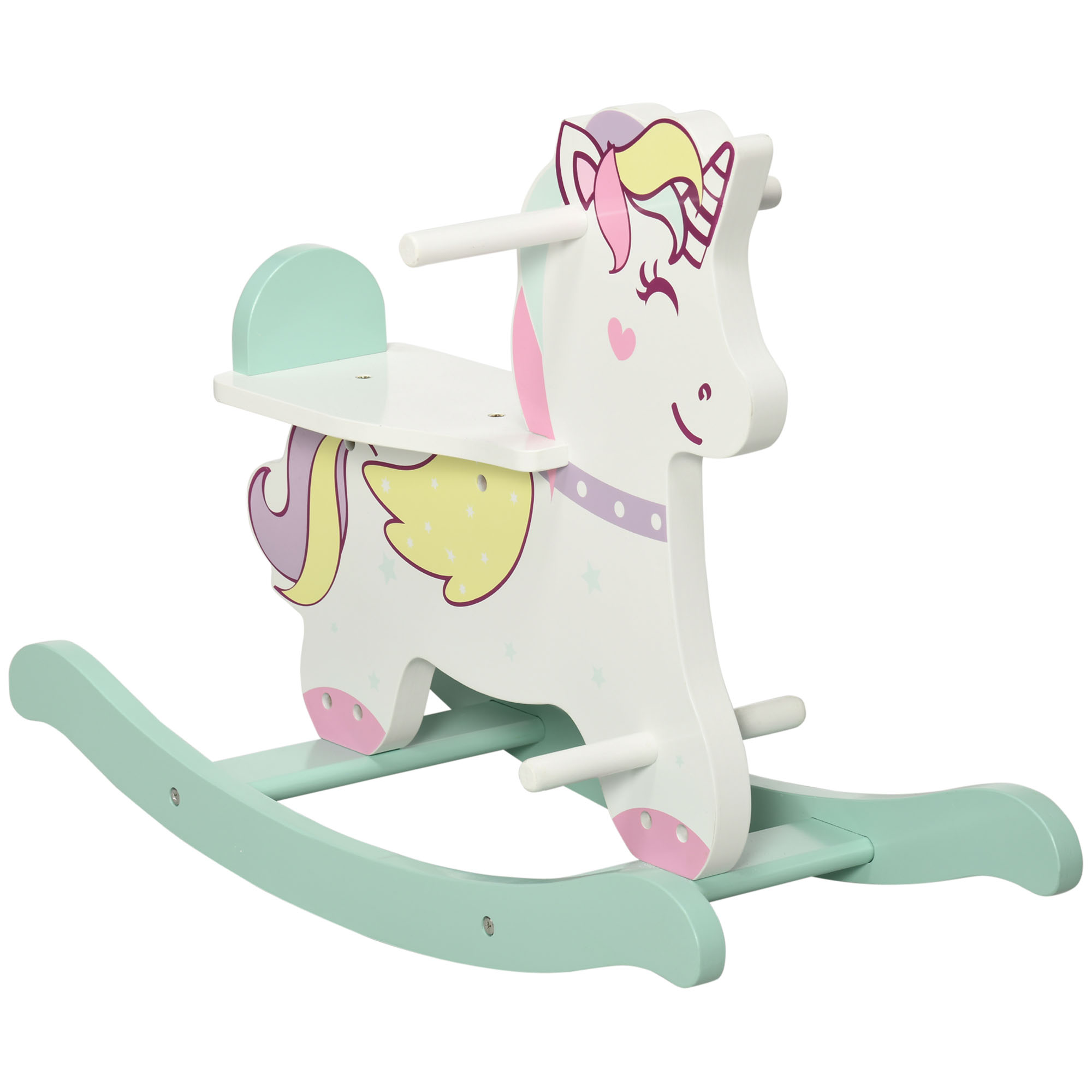 Cavallo a dondolo a forma di unicorno, corpo bianco, criniera colorata, base verde menta.