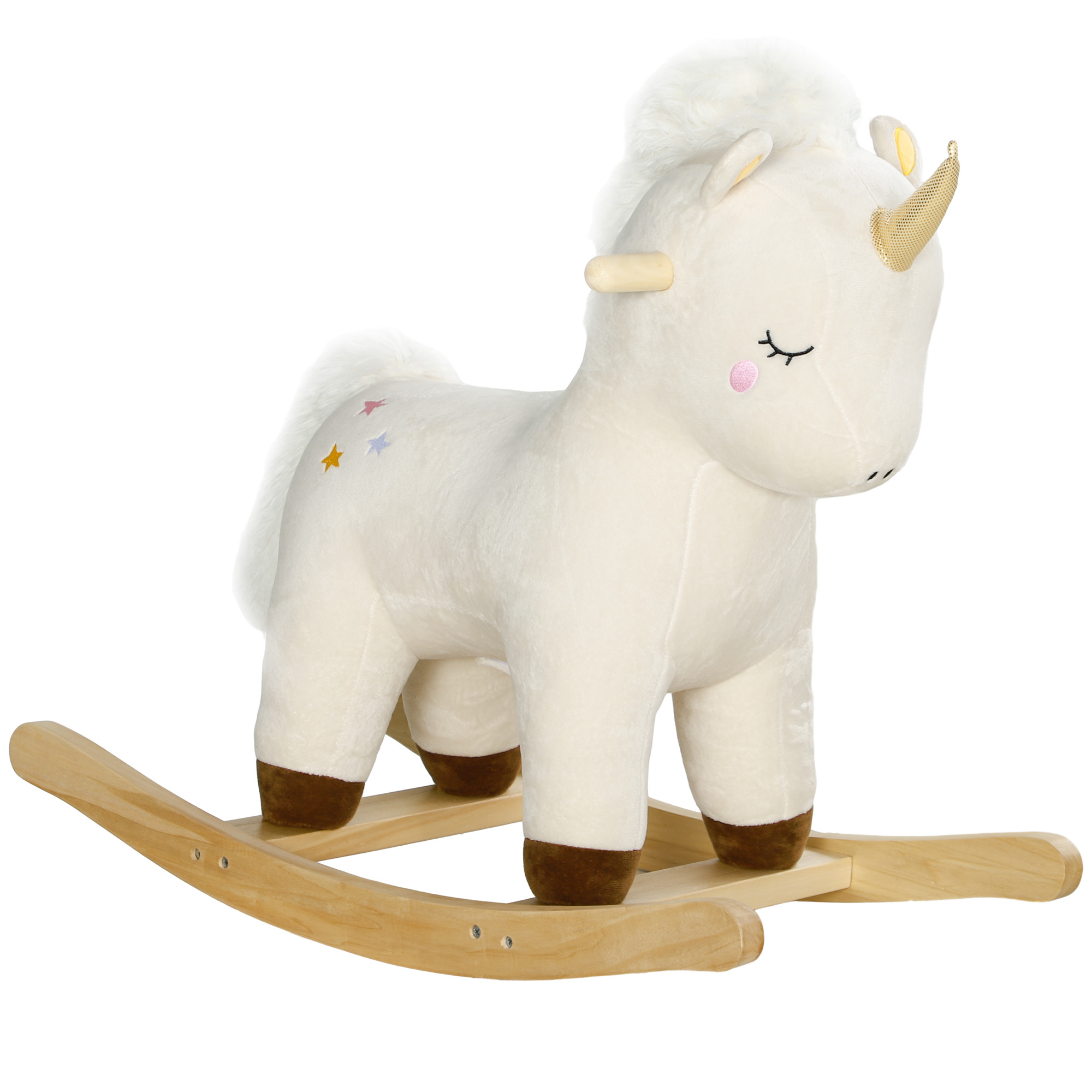 Giocattolo a dondolo unicorno con pelliccia bianca, base in legno e stelle.