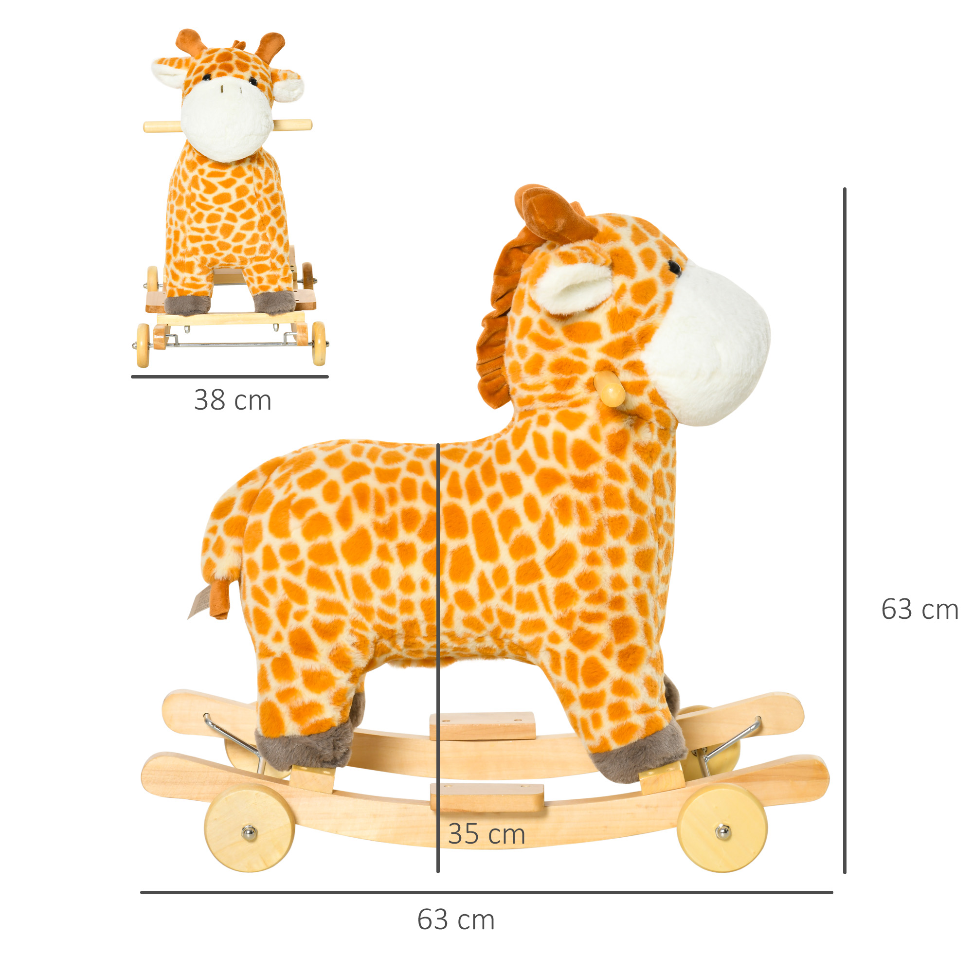Cavallo a dondolo a forma di giraffa. Ha una testa e un corpo con ruote.