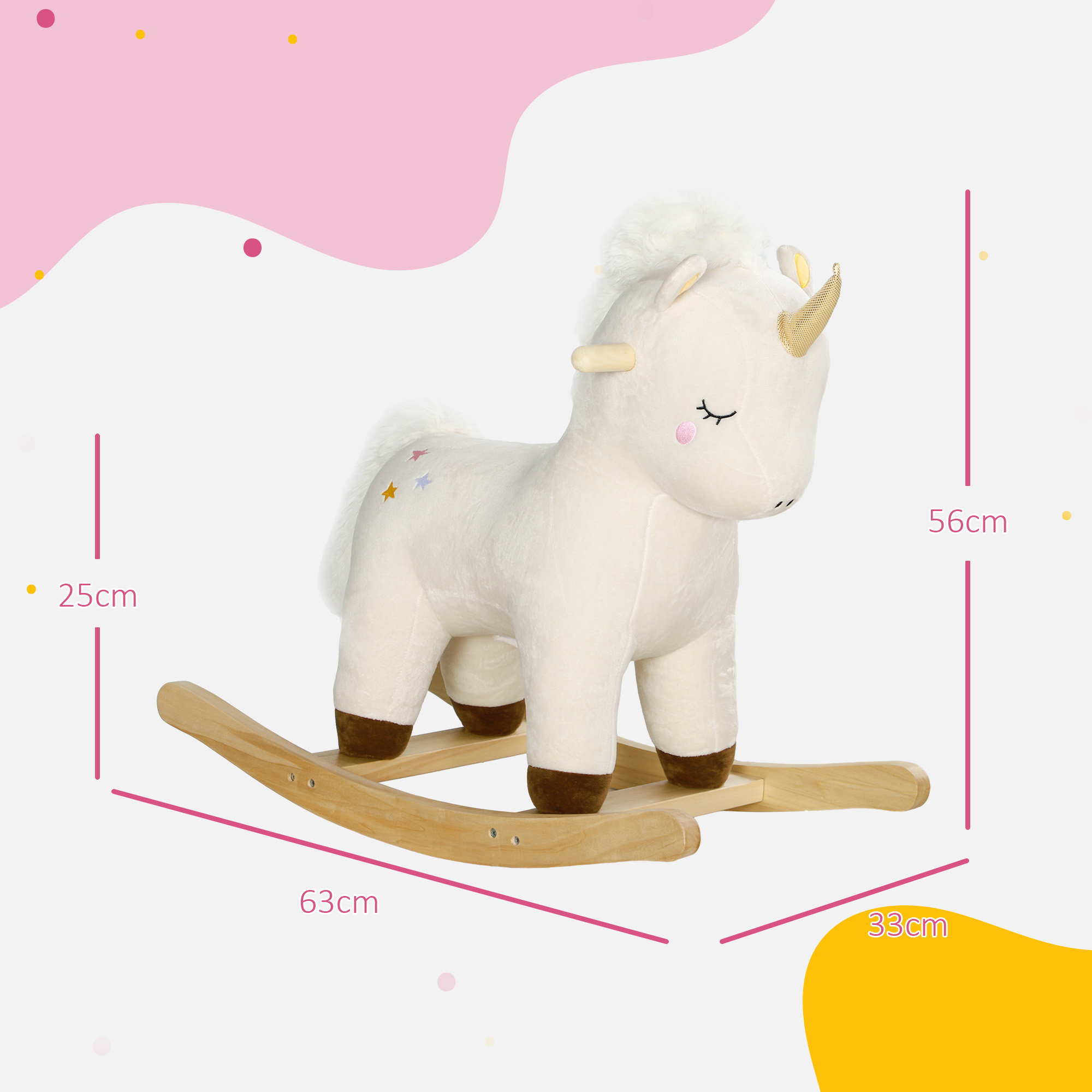 Cavallo a dondolo unicorno con misure indicate. Ha un corpo bianco e un corno d'oro.